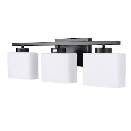 Front. Jandcase - 22 in. 3 Light Matte Black Modern Square with Milk White Shades Vanity Light for Bathroom, Bedroom, Living Room.