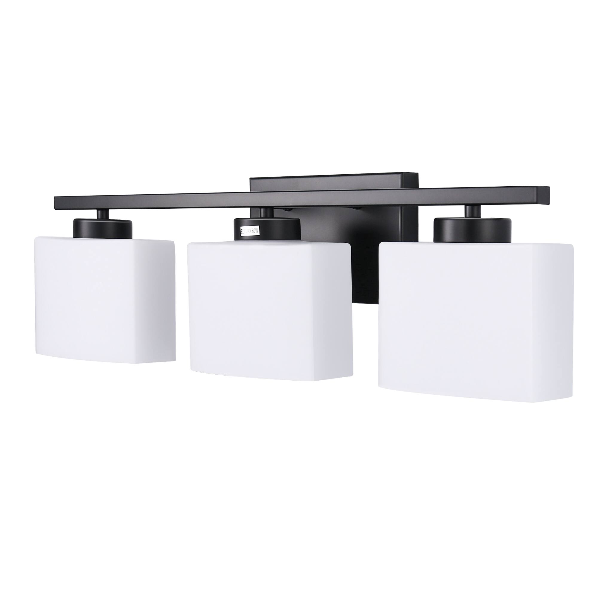 Front. Jandcase - 22 in. 3 Light Matte Black Modern Square with Milk White Shades Vanity Light for Bathroom, Bedroom, Living Room.