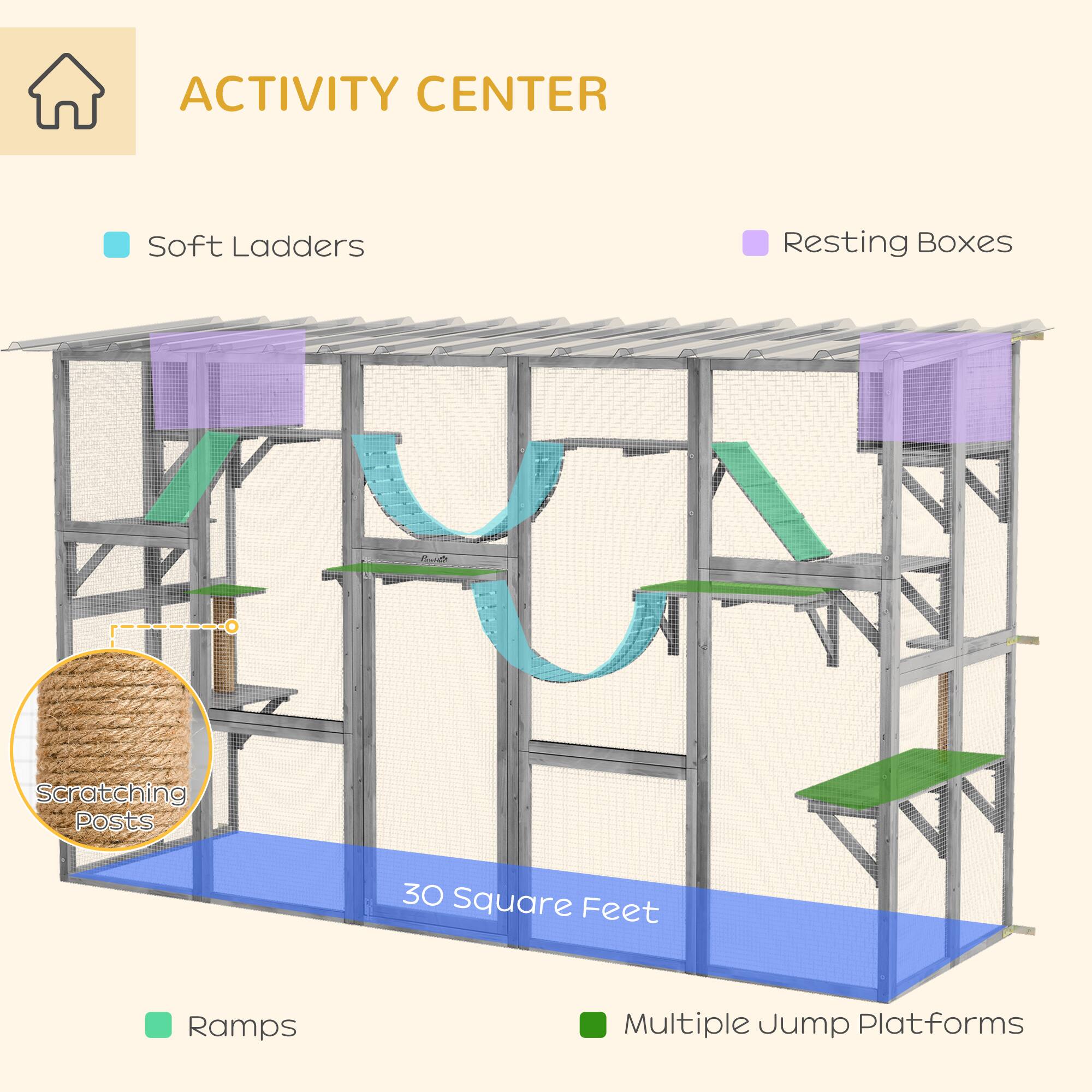 ACTIVITY CENTER

- Soft Ladders
- Resting Boxes
- Ramps
- Multiple Jump Platforms
- Scratching Posts

30 Square Feet