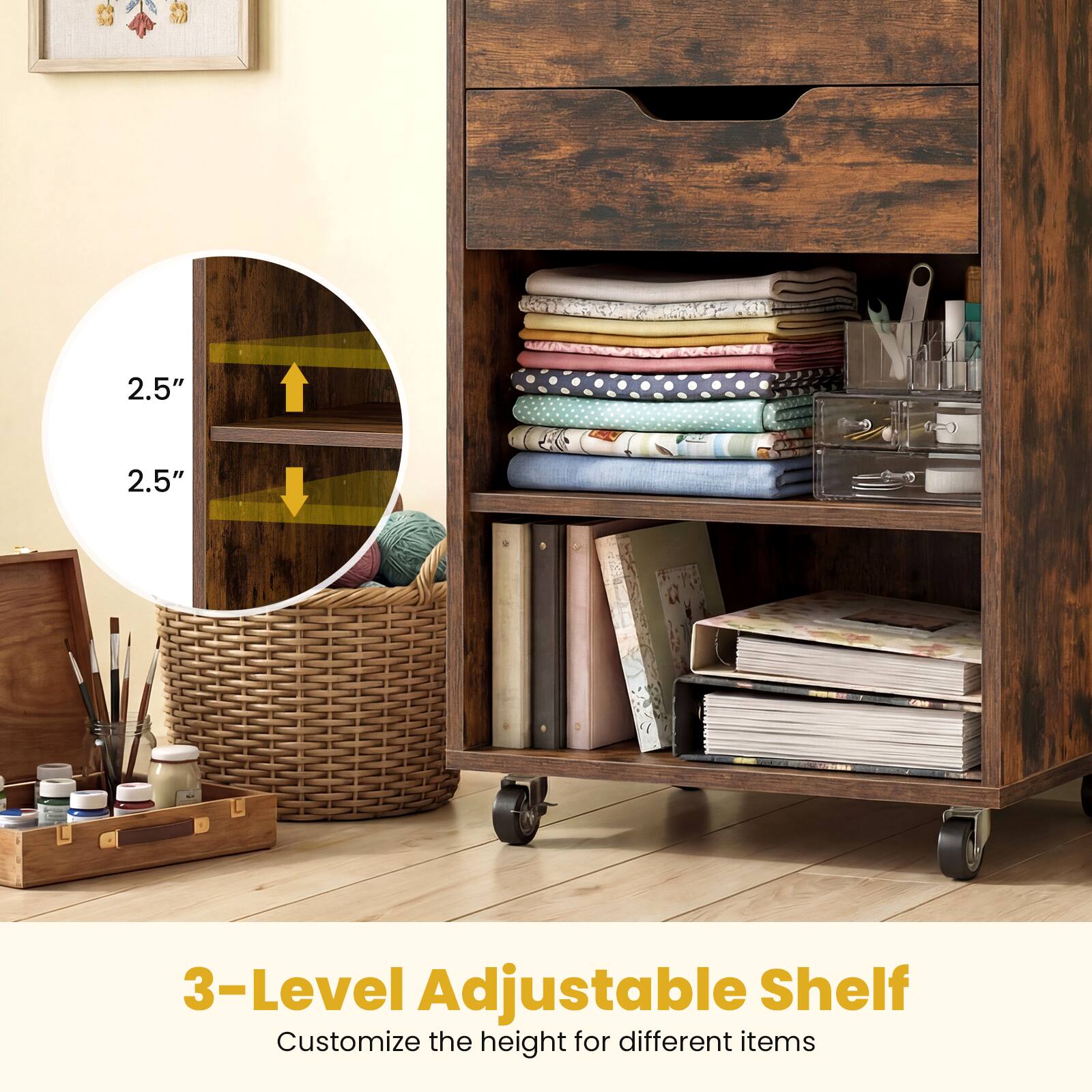 3-Level Adjustable Shelf  
Customize the height for different items  

2.5"  
2.5"