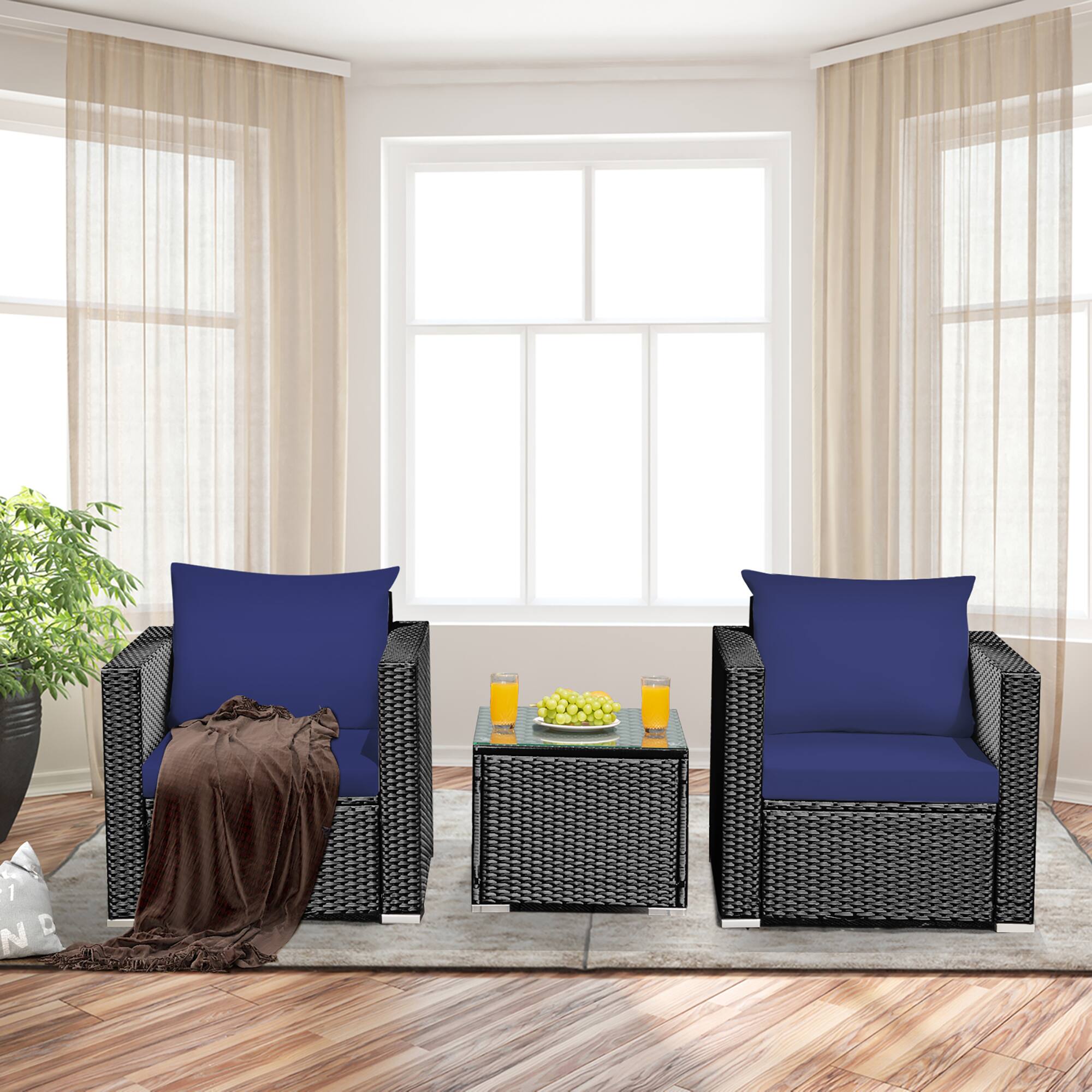 Alt View 3. Costway - 3PCS Patio Rattan Wicker Furniture Set Sofa Table W/Cushion Yard - Navy.