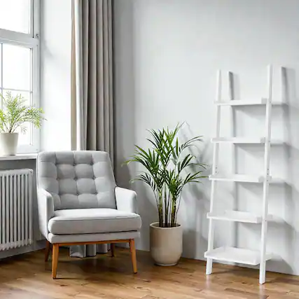 Front. Hivvago - Freestanding 5-Shelf Ladder Bookcase – Decorative Storage Display for Living Spaces - White.