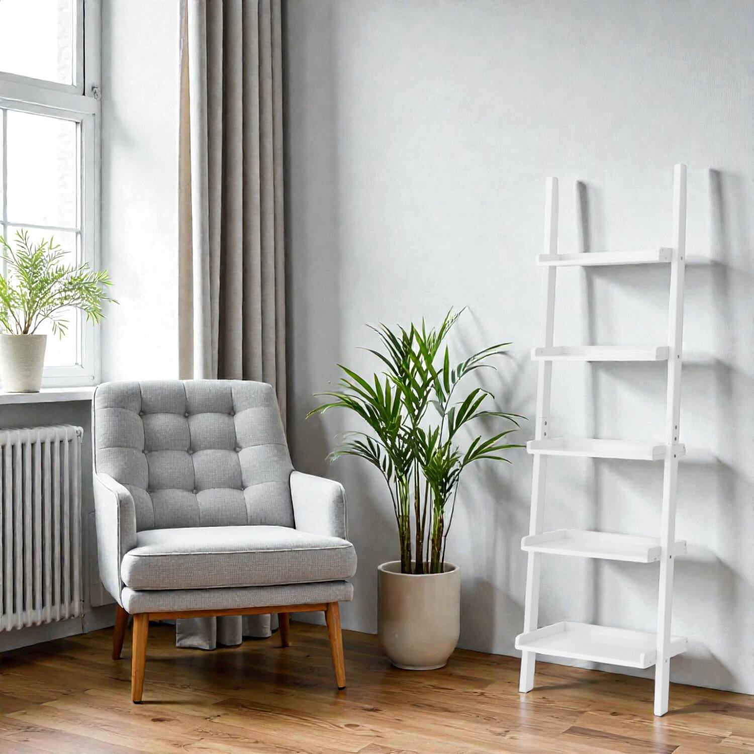 Front. Hivvago - Freestanding 5-Shelf Ladder Bookcase – Decorative Storage Display for Living Spaces - White.