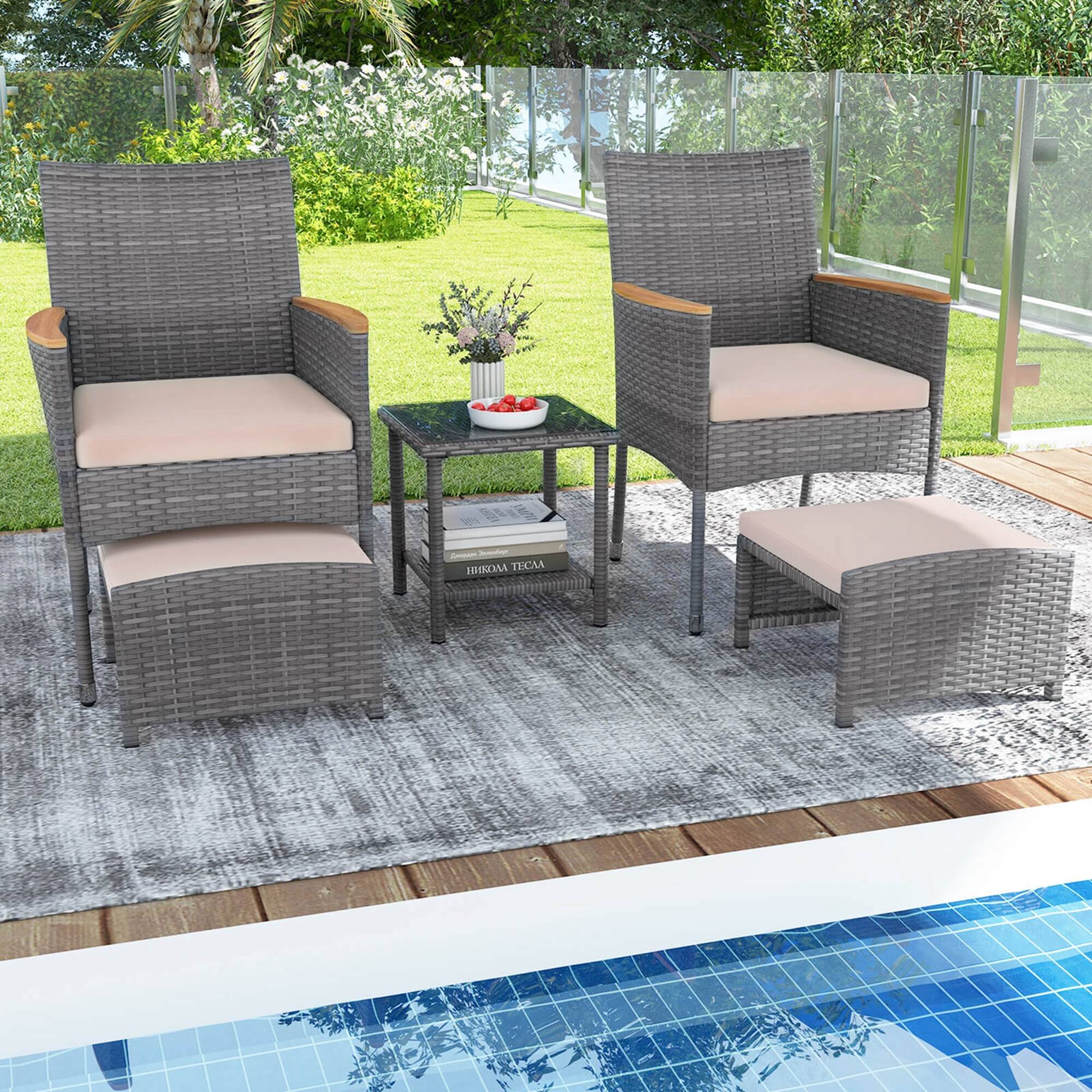 Alt View 3. Costway - 5 PCS Patio Conversation Set with Soft Cushions Ottomans & Tempered Glass Top Table - Mix Grey,Beige.