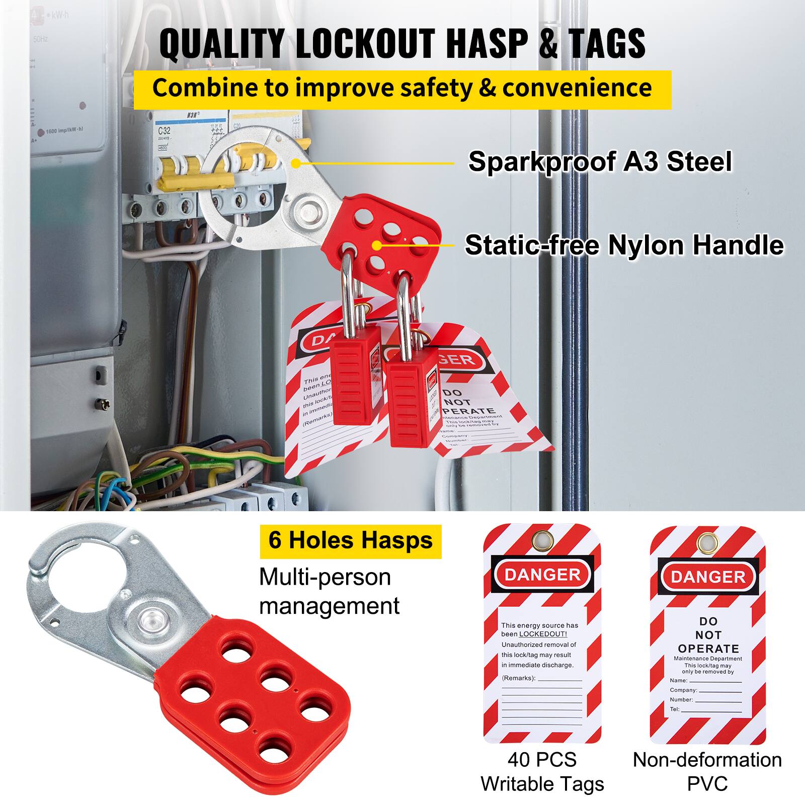 kWh 50r: pie. 1000 QUALITY LOCKOUT HASP & TAGS Combine to improve safety & convenience EO - C2 Sparkproof A3 Steel Static-free Nylon Handle Dr. m P0U beenLU AUAT auE ue - enaka GER H DO NOT PPRATE - 6 Holes Hasps Multi-person management DANGER This energy source has been LOCKEDOUT unauthorized removal of this Rock/Tag may result in immediate discharge (remarks) DANGER DO NOT OPERATE Maintenance Department This energy source has been LOCKEDOUT unauthorized removal of this Rock/Tag may result in immediate discharge (remarks) DANGER DO NOT OPERATE This energy source has been LOCKEDOUT unauthorized removal of this Rock/Tag may result in immediate discharge (remarks) DANGER DO NOT OPERATE 40 PCS Non-deformation Writable Tags PVC