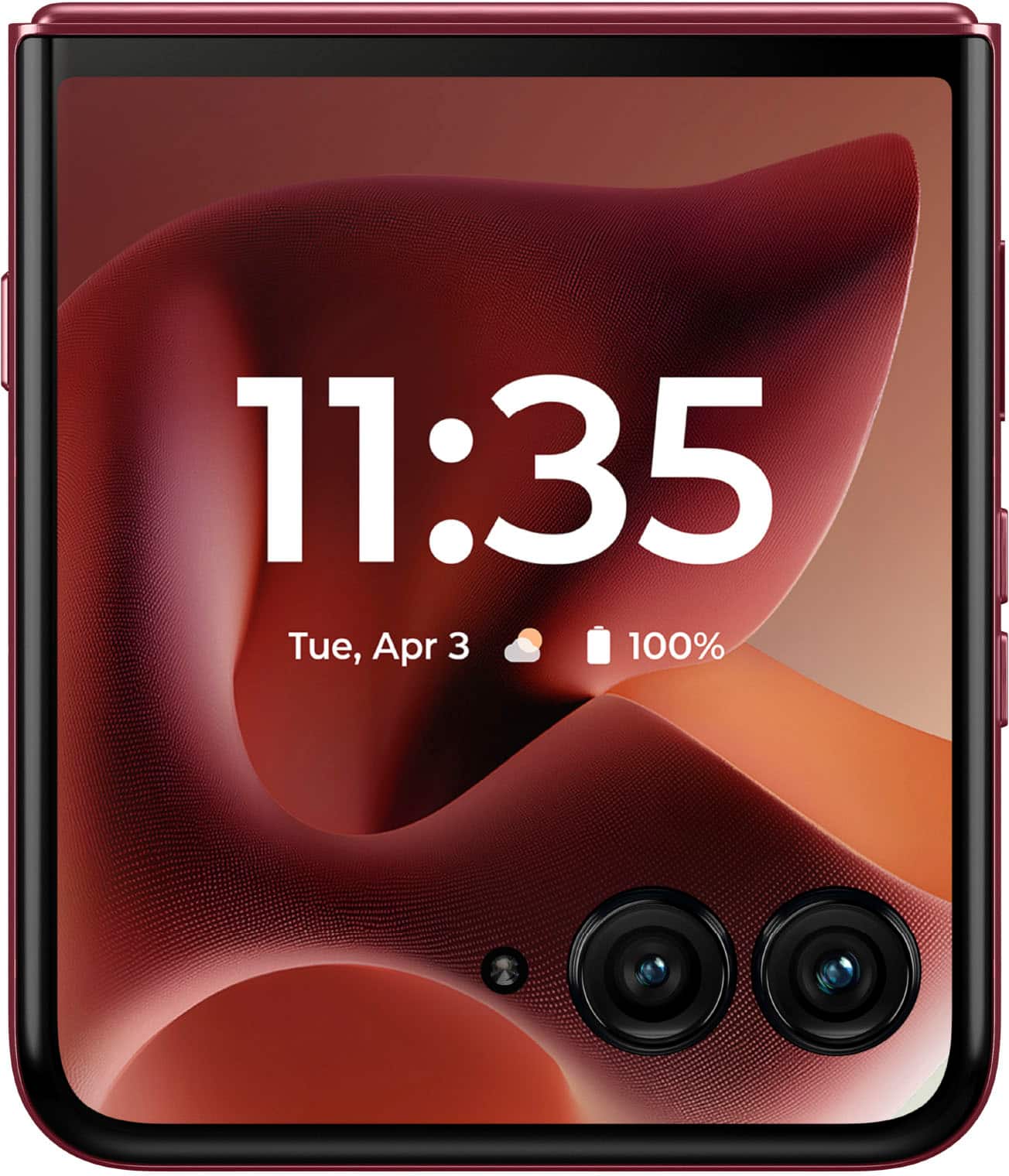 The time displayed on the screen is 11:35. The date is Tuesday, April 3rd. The battery level is at 100%.