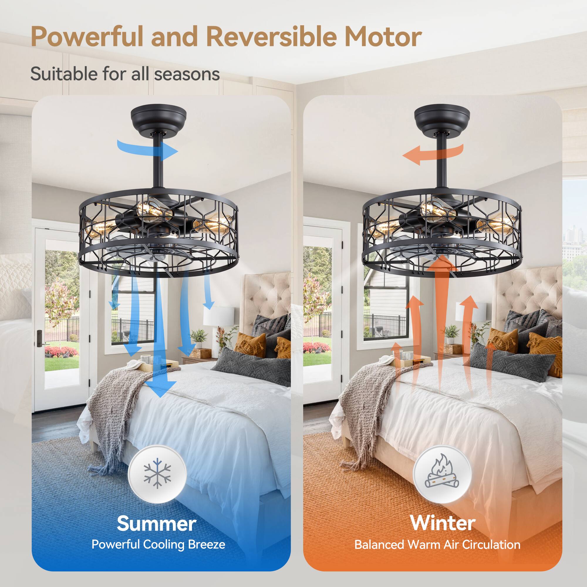 Powerful and Reversible Motor, Suitable for all seasons, Summer, Powerful Cooling Breeze, Winter, Balanced Warm Air Circulation