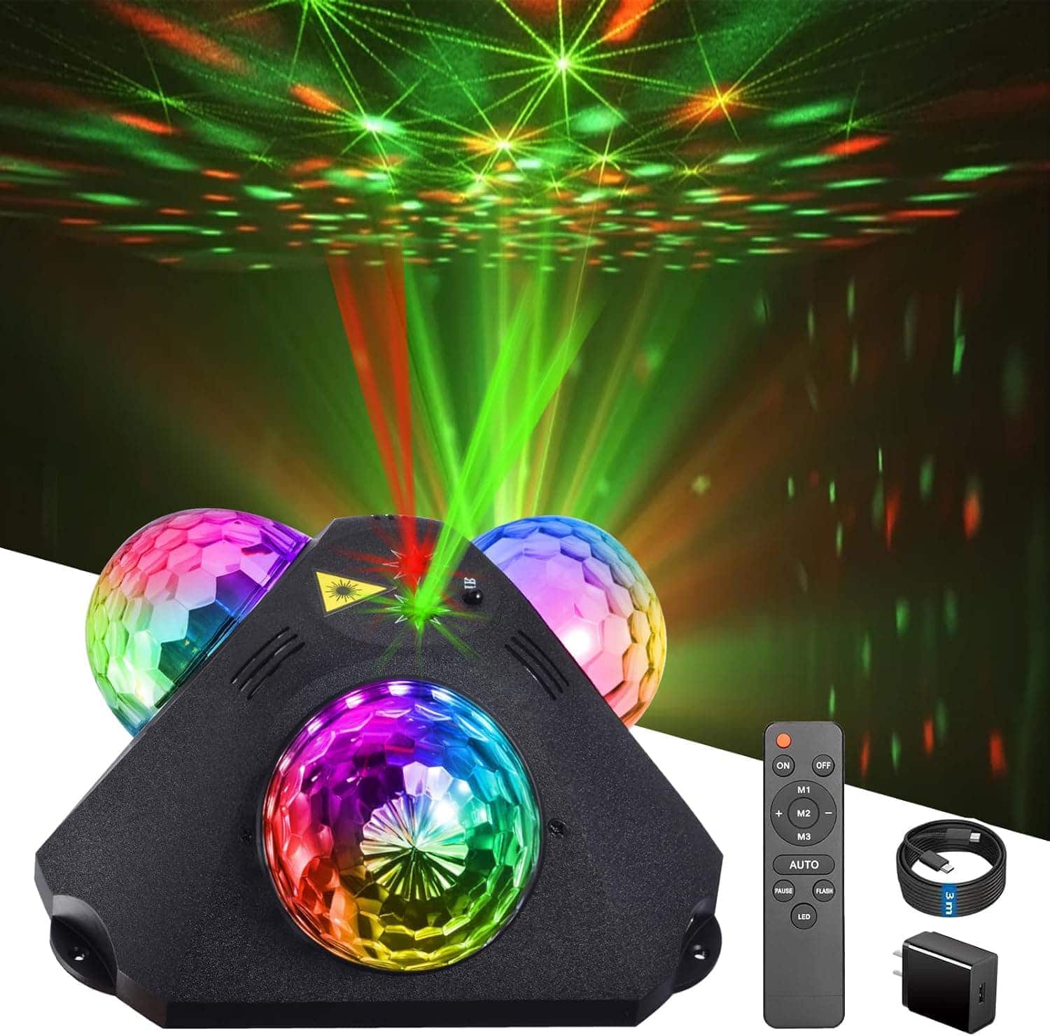 FINEAK - Sound Activated Disco Ball Party Light - Red Green Pattern Strobe Light for Home Club Holiday Wedding - Black