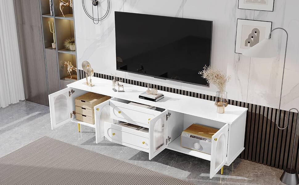 Alt View 2. APRILSOUL - Modern TV Stand with Five Metal Legs and Metal Handles 2 Drawers and 2 Cabinets with Fluted Glass Doors Up to 80inch - White.