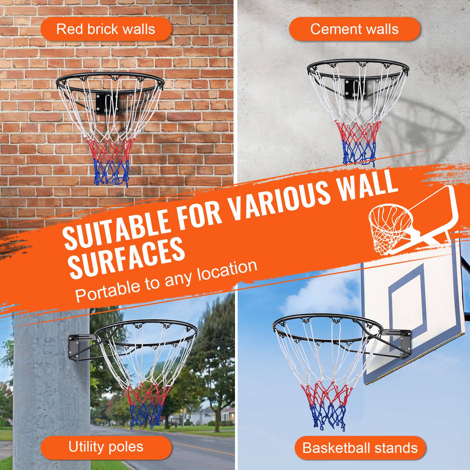 Red brick walls, Cement walls, Utility poles, Basketball stands, Portable to any location, Suitable for various wall surfaces