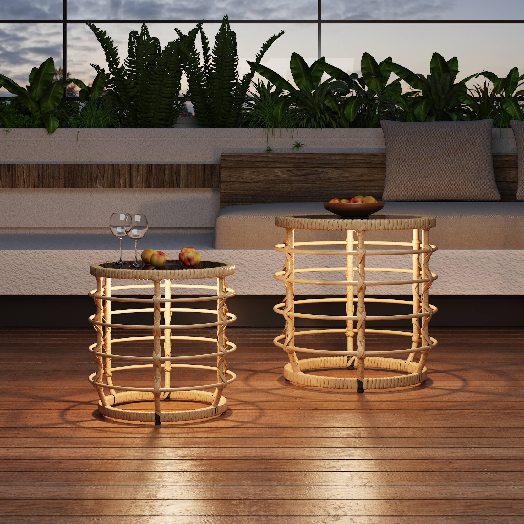 Front. FUFU&GAGA - Outdoor Rattan Solar Coffee Table Set with Glass Top and LED Light for Patio, Balcony, or Garden - Black & Wooden.