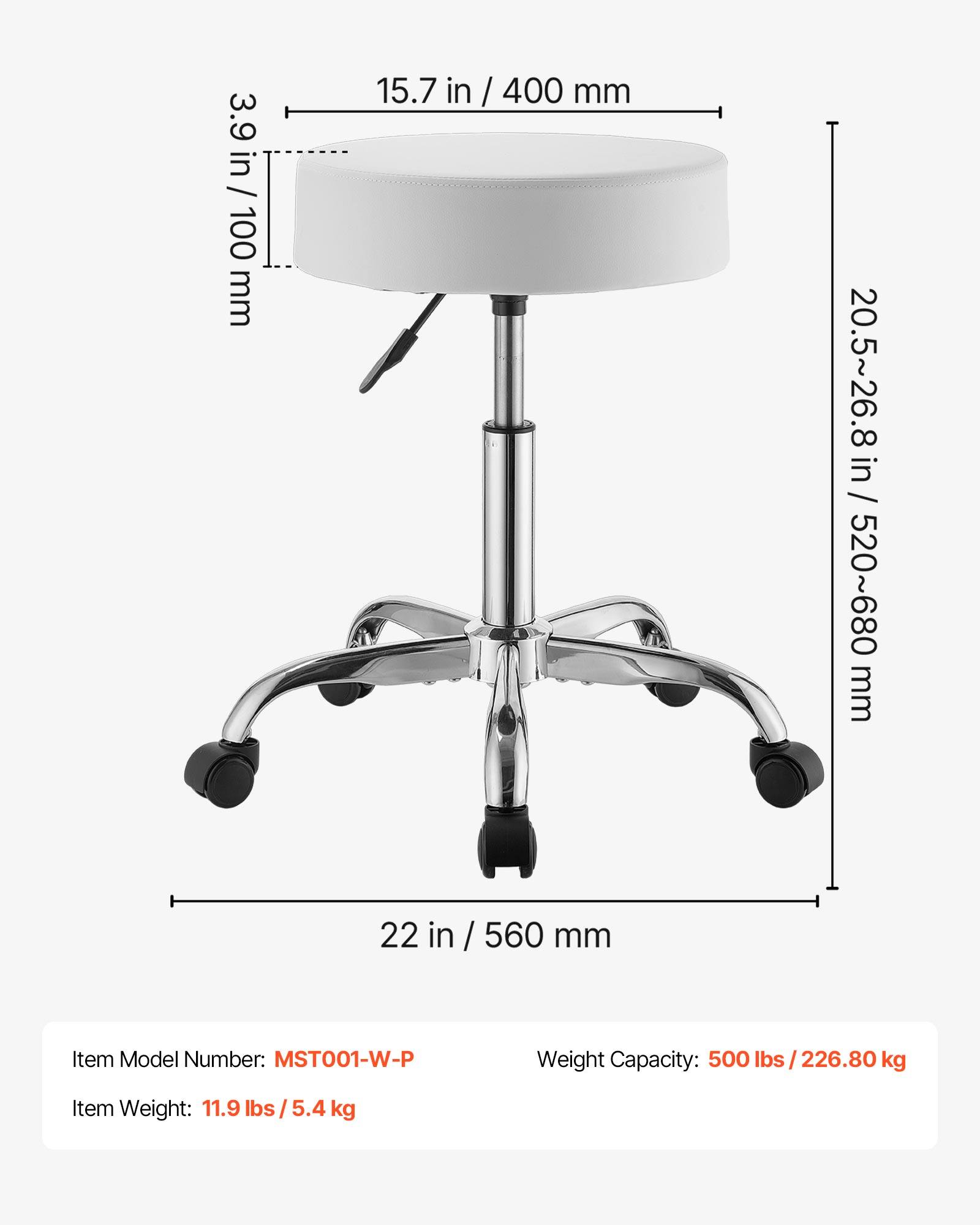 3.9 in / 100 mm  
15.7 in / 400 mm  
20.5~26.8 in / 520~680 mm  
22 in / 560 mm  

Item Model Number: MST001-W-P  
Weight Capacity: 500 lbs / 226.80 kg  
Item Weight: 11.9 lbs / 5.4 kg