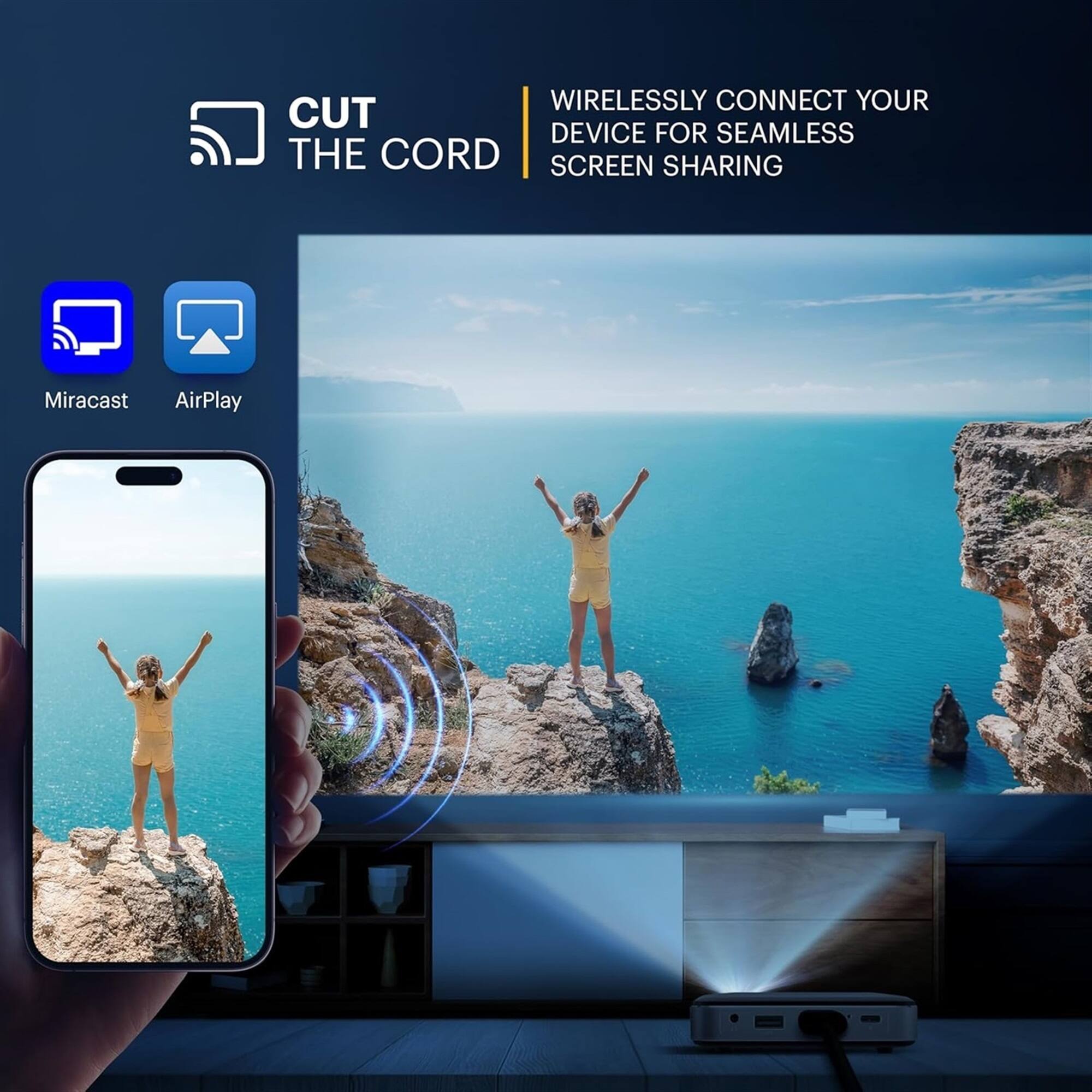 CUT THE CORD

WIRELESSLY CONNECT YOUR DEVICE FOR SEAMLESS SCREEN SHARING

Miracast AirPlay