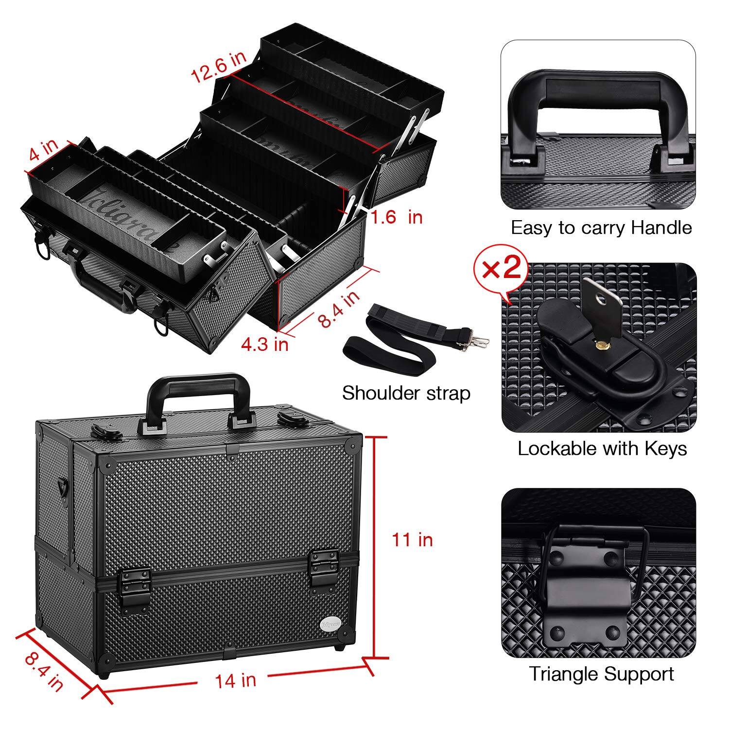 12.6 in  
4 in  
8.4 in  
4.3 in  
1.6 in  
11 in  
14 in  

Easy to carry Handle x2  
Shoulder strap  
Lockable with Keys  
Triangle Support