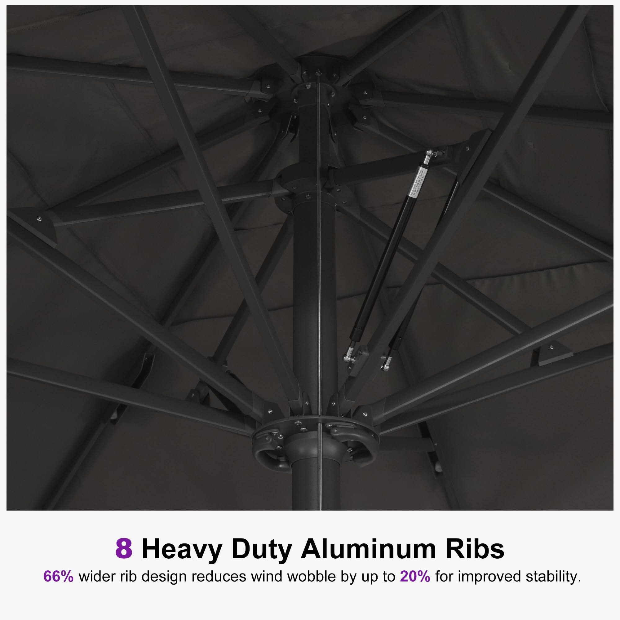 8 Heavy Duty Aluminum Ribs  
66% wider rib design reduces wind wobble by up to 20% for improved stability.