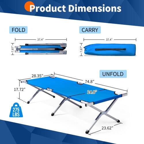 Product Dimensions

FOLD
- 7.87" x 37.4" x 28.35"

CARRY
- 37.4" x 28.35"

UNFOLD
- 74.8" x 24.8" x 23.62"

Weight Capacity: 275 LBS