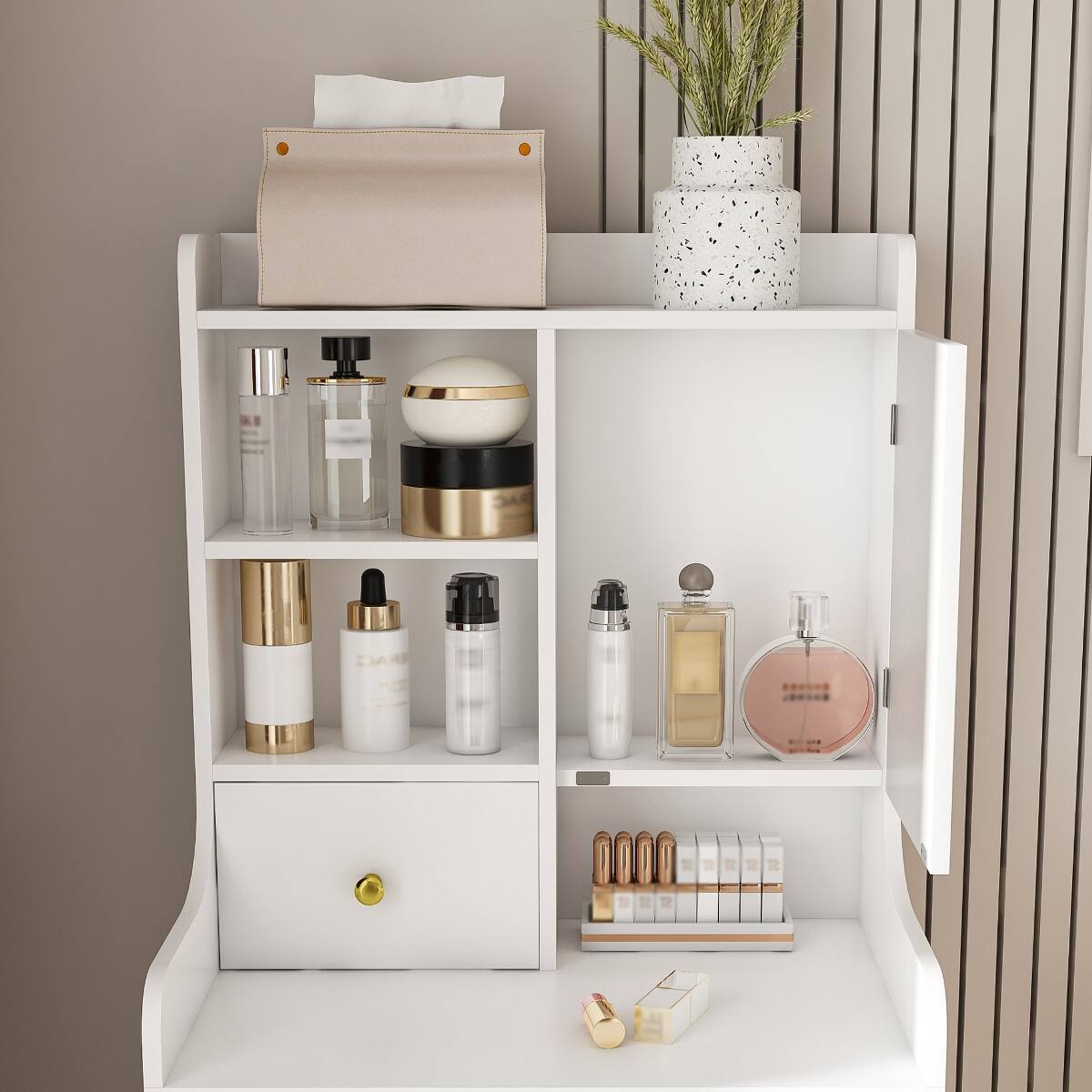 Alt View 4. Loheer - Loheer Makeup Vanity with LED Mirror and Storage Stool, White MDF Bedroom Dressing Table - White.