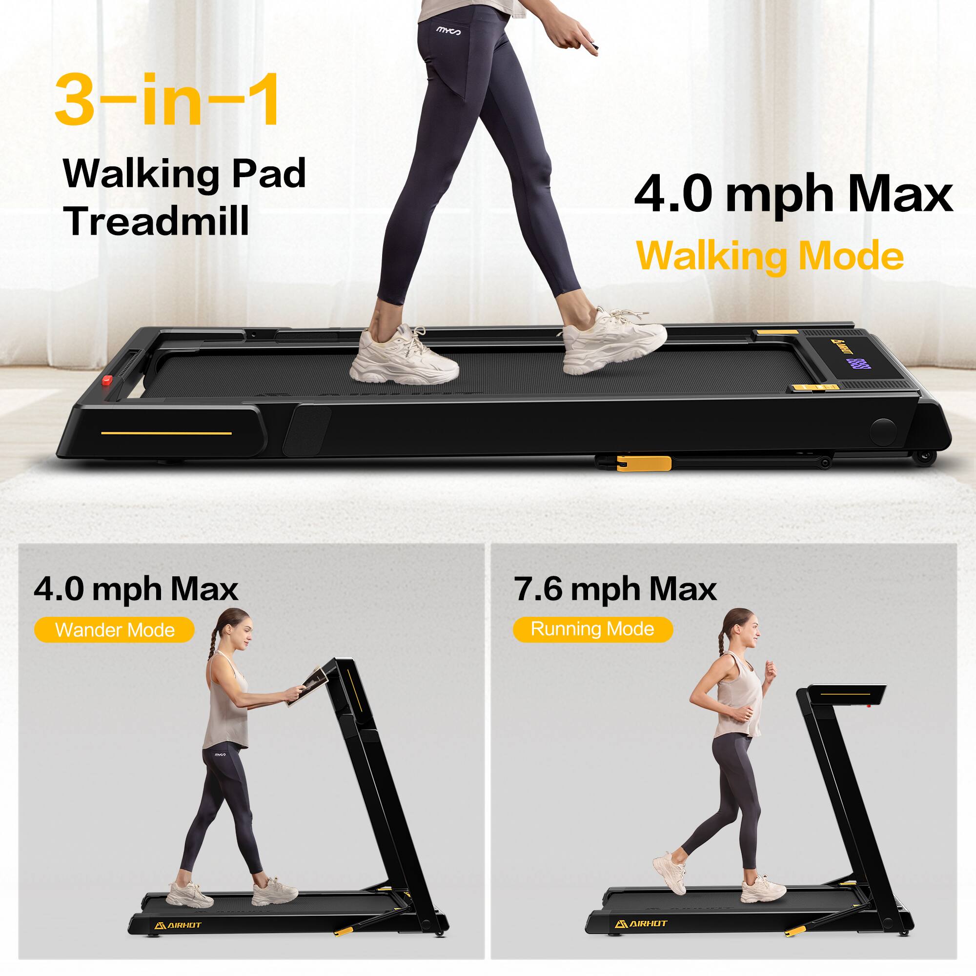 3-in-1  
Walking Pad Treadmill  

4.0 mph Max  
Walking Mode  

4.0 mph Max  
Wander Mode  

7.6 mph Max  
Running Mode