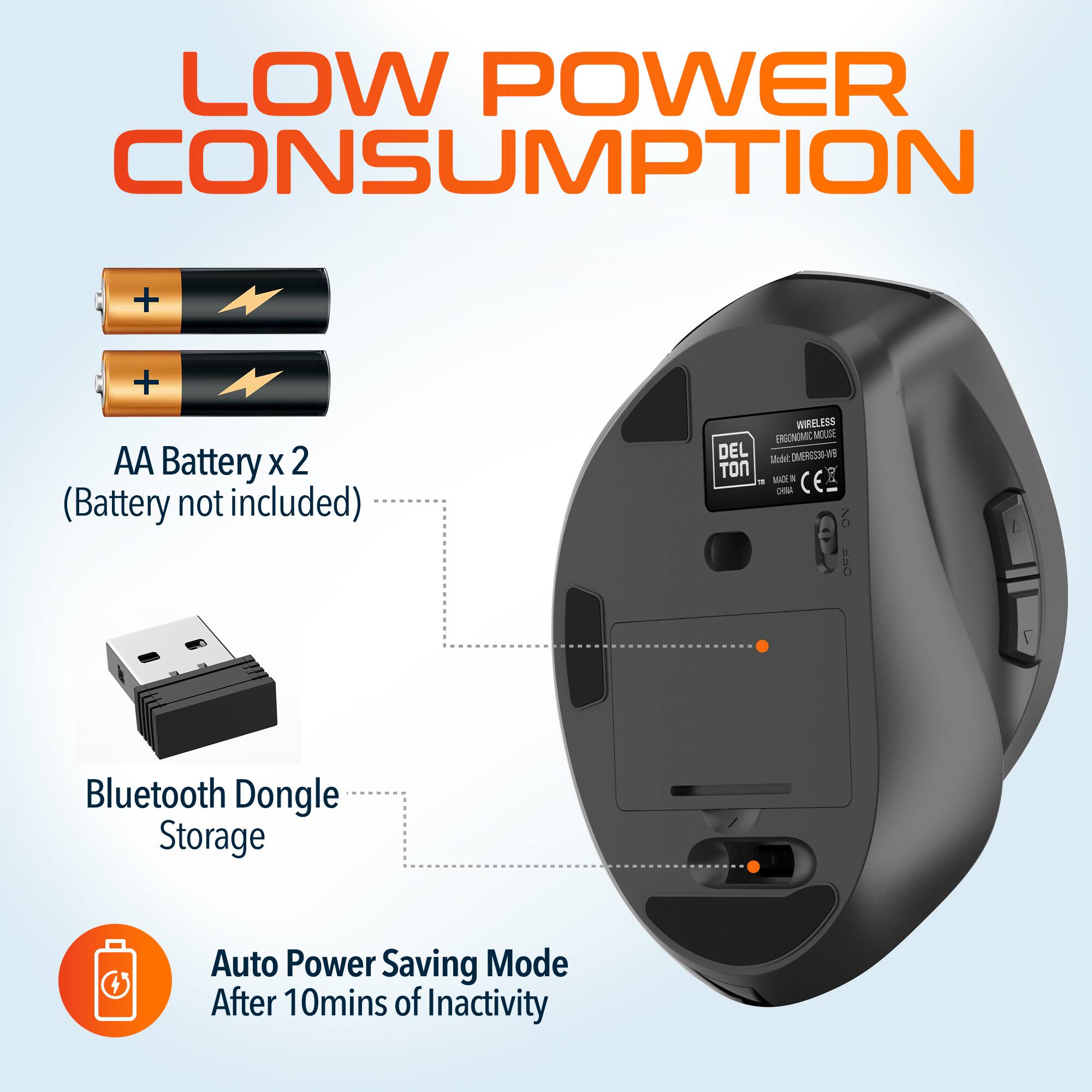 LOW POWER CONSUMPTION

AA Battery x 2 (Battery not included)

Bluetooth Dongle Storage

Auto Power Saving Mode After 10mins of Inactivity