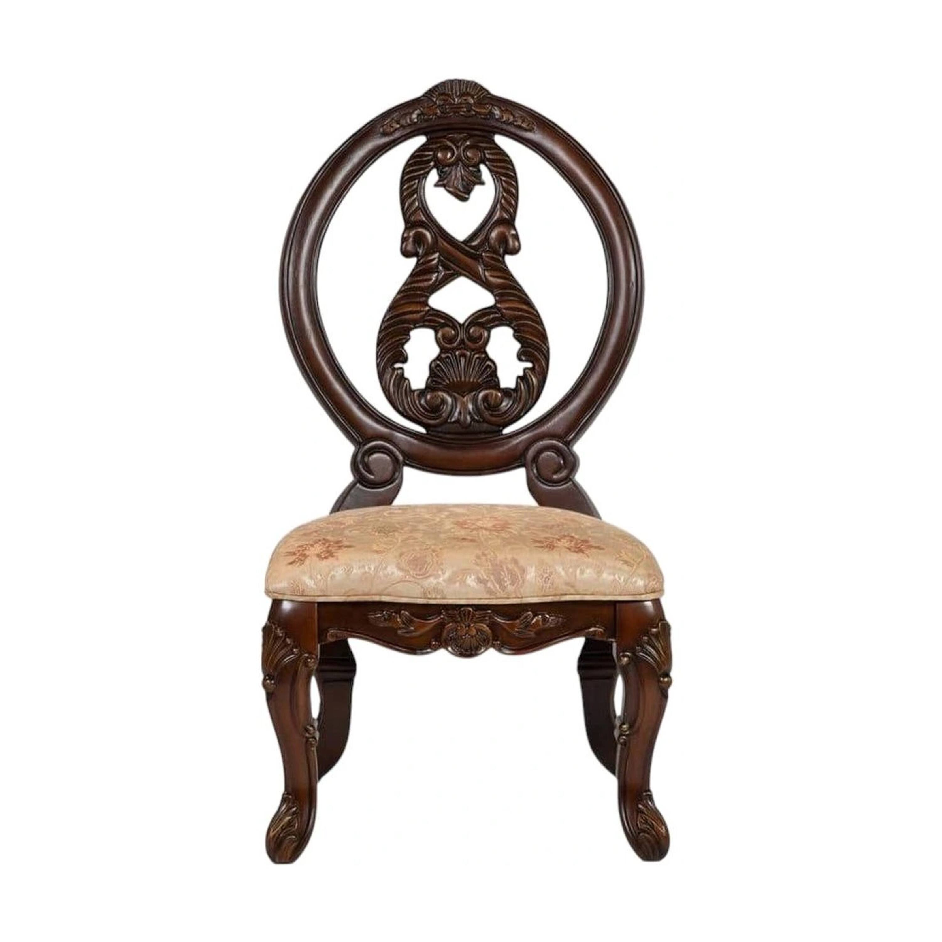 Angle. Manhattan Lane - 23 Inch Carved Dining Chair, Set of 2, Cabriole Legs, Tan Fabric Seating - Brown, Tan.