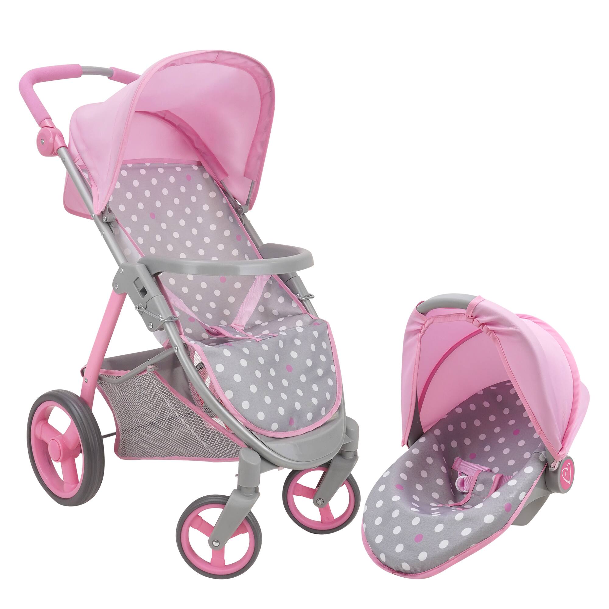 Back. 509 Crew - 509 Crew - Cotton Candy Pink Doll Travel System in Grey Polka Dots, Fits Dolls Up to 18".