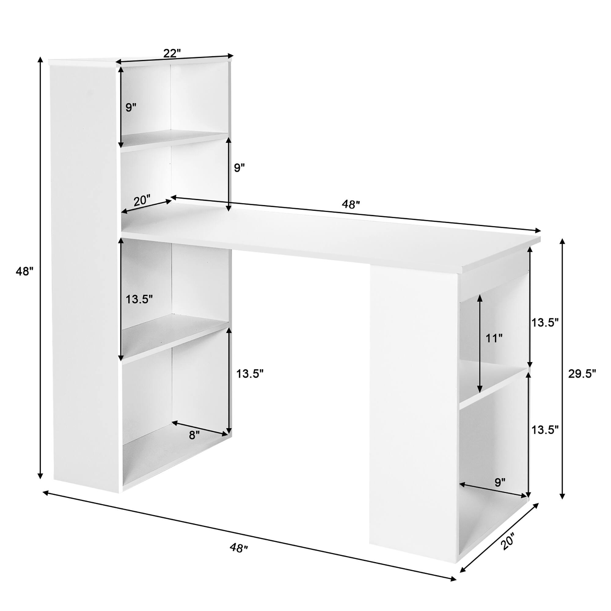 The text can be grouped as follows:

- Width: 48"
- Depth: 13.5"
- Height: 29.5"
- Shelf 1: 9"
- Shelf 2: 20"
- Shelf 3: 11"