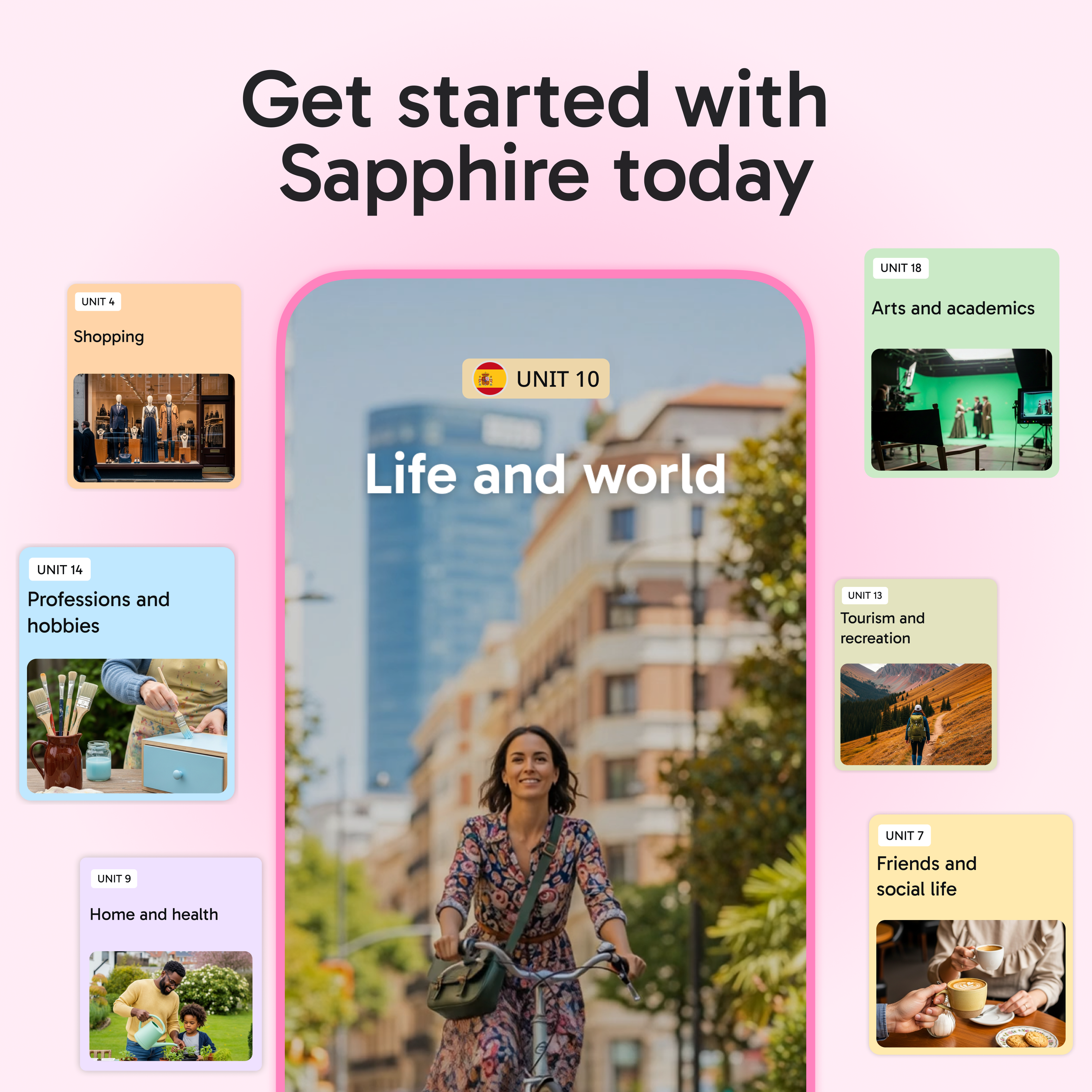 Get started with Sapphire today

UNIT 4: Shopping  
UNIT 10: Life and world  
UNIT 14: Professions and hobbies  
UNIT 18: Arts and academics  
UNIT 9: Home and health  
UNIT 13: Tourism and recreation  
UNIT 7: Friends and social life