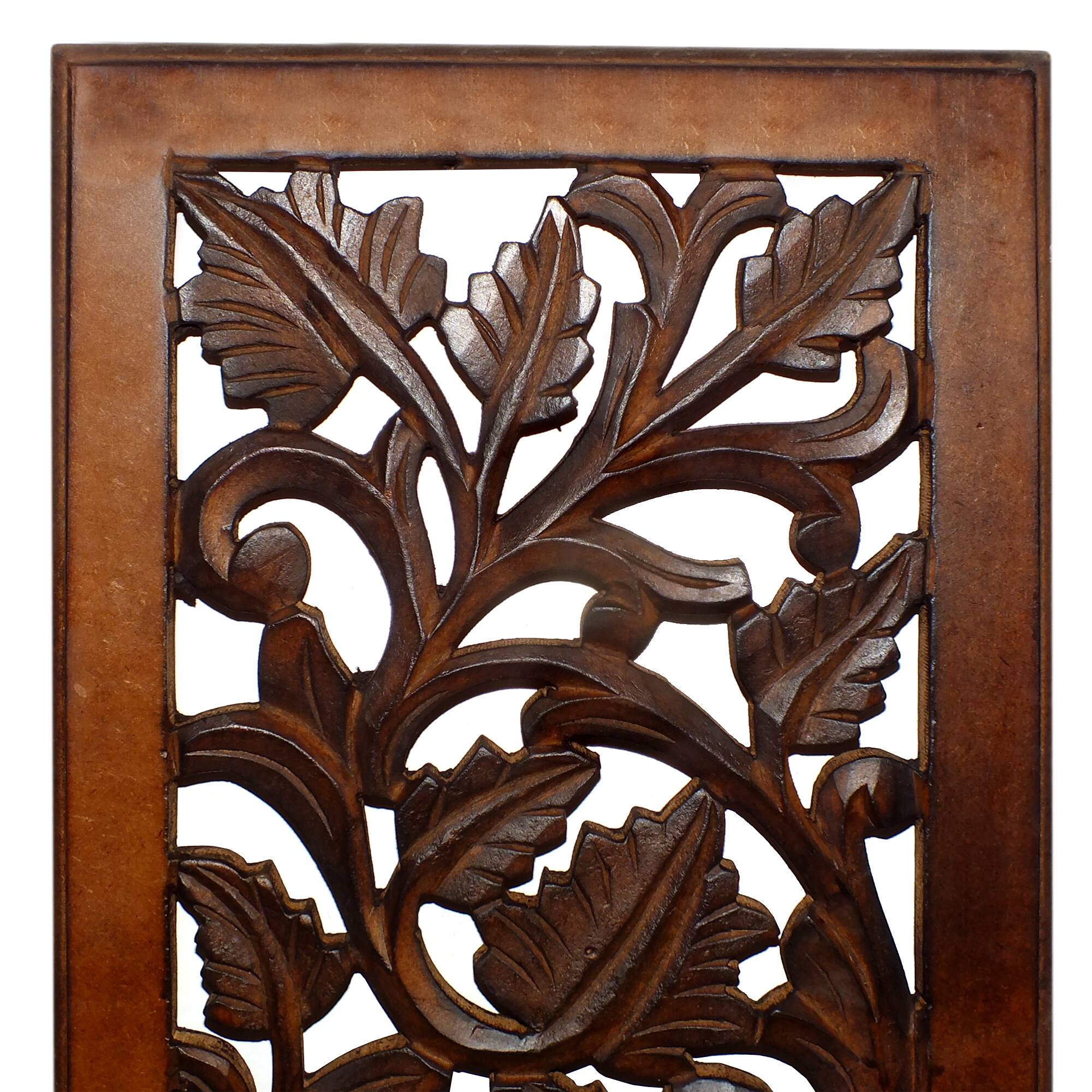 Left. Manhattan Lane - Mango Wood Wall Panel Hand Crafted with Leaves and Scroll Work Motif - Brown.