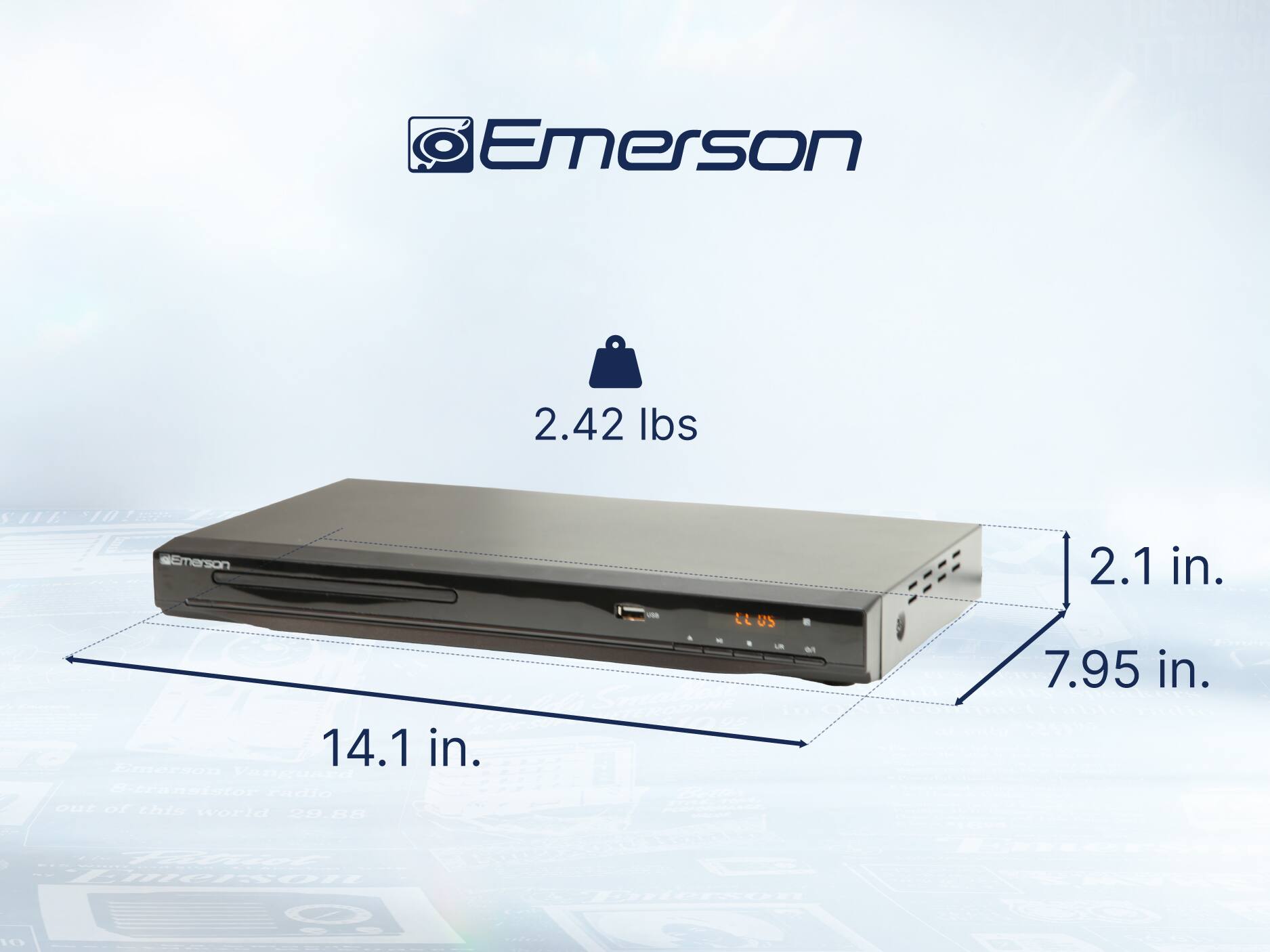 Emerson 2.42 lbs, Emerson 2.1 in., 14.1 in., 7.95 in.