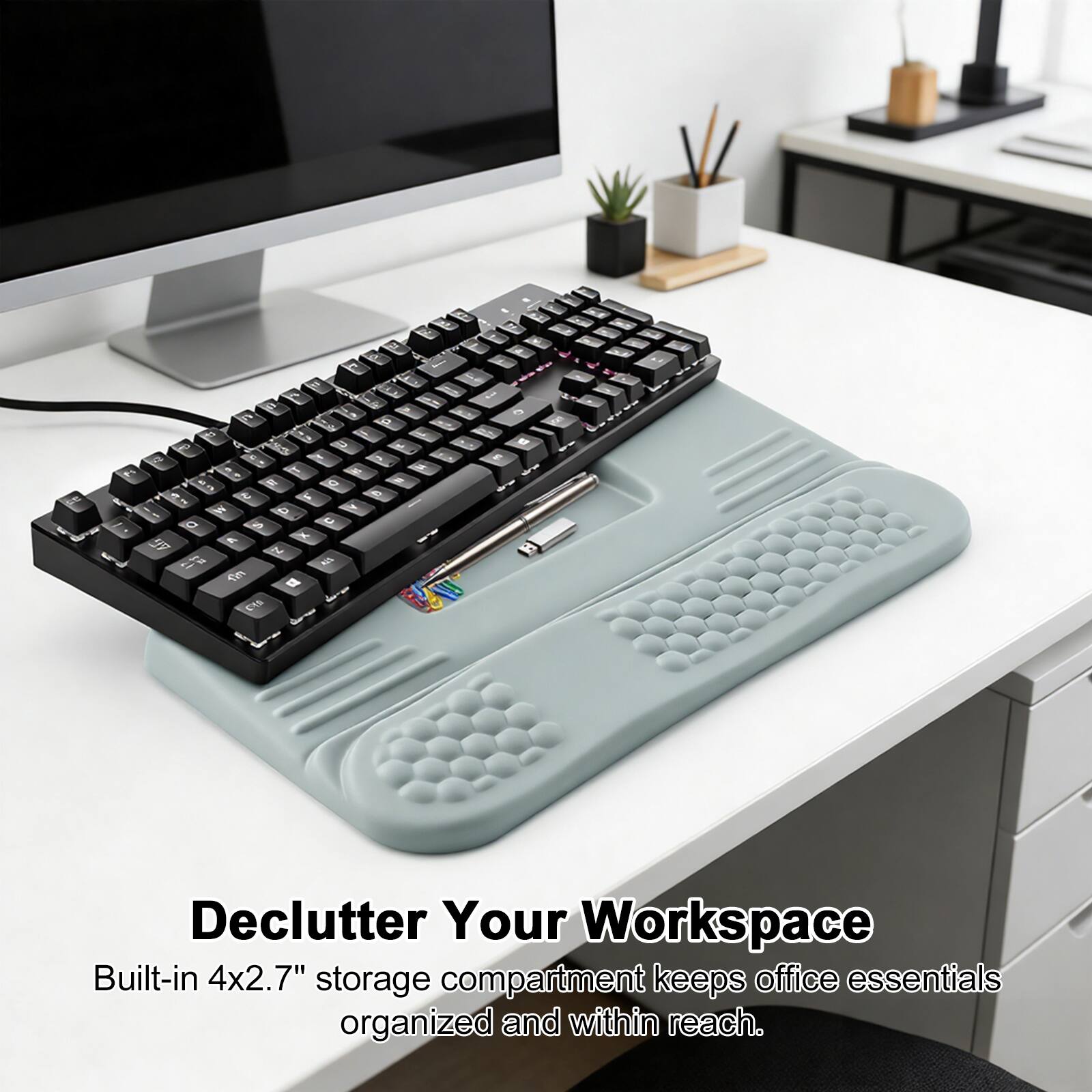 Declutter Your Workspace  
Built-in 4x2.7" storage compartment keeps office essentials organized and within reach.