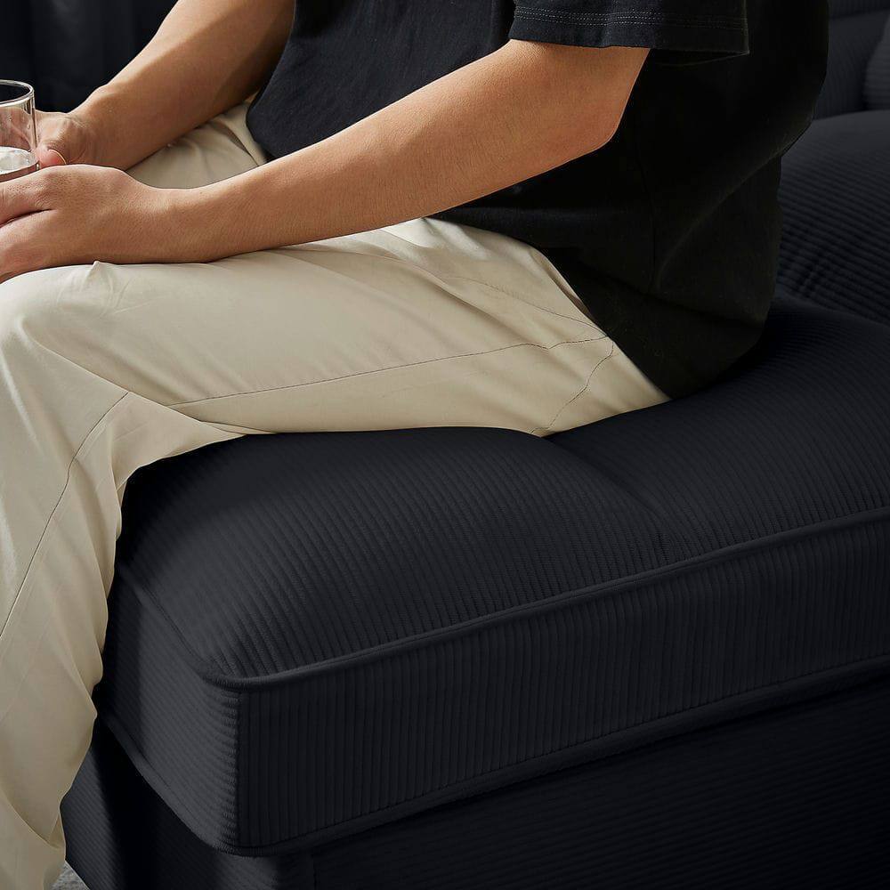 Alt View 7. Kadyn - 120" U-Shaped Sectional Sofa Bed, 4-Seater Corduroy with Storage and Cup Holders, Black - Black.