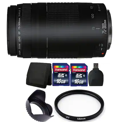 Sure, here is the corrected and grouped text from the image:
**Canon Zoom Lens:**
- Canon Zoom Lens EF 75-300mm 1:4-5.6
**Memory Cards:**
- Transcend 16GB
- Transcend 16GB
**Other Accessories:**
- UV Filter 58mm
- Lens Hood
- Lens Cap
- Lens Case
- USB Flash Drive