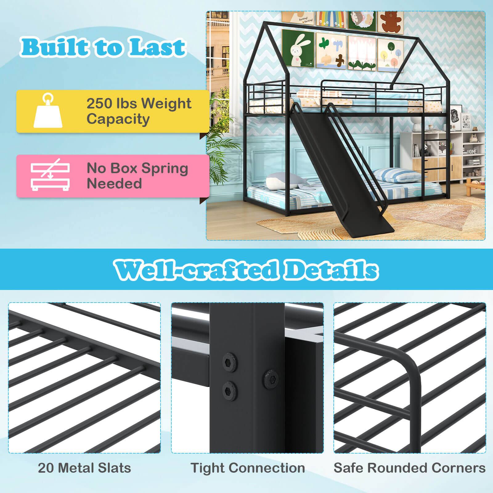 - Built to Last
  - 250 lbs Weight Capacity
  - No Box Spring Needed

- Well-crafted Details
  - 20 Metal Slats
  - Tight Connection
  - Safe Rounded Corners