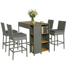 Outsunny - Piece Wicker Outdoor Bar Set, Acacia Wood Outdoor High Top Table and Chairs with 3 Tier Shelves - Gray
