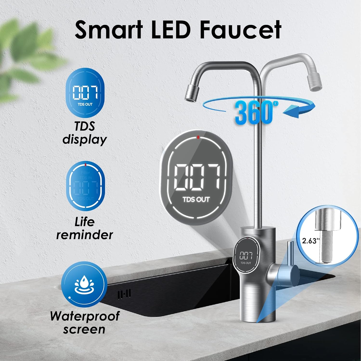 Smart LED Faucet, TDS display, Life reminder, Waterproof screen, 360°, 2.63"