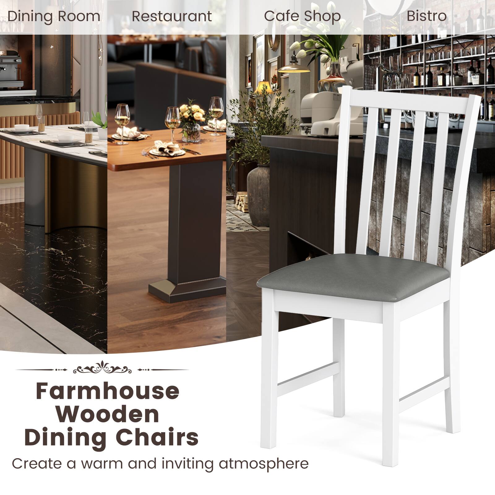 Dining Room  
Restaurant  
Cafe Shop  
Bistro  

Farmhouse Wooden Dining Chairs  
Create a warm and inviting atmosphere