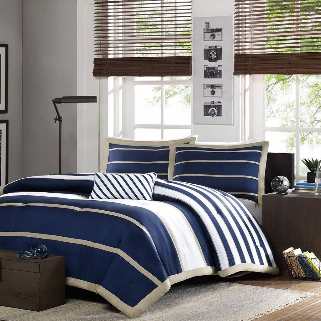 Angle. Hivvago - Full / Queen size Comforter Set in Navy Blue White Khaki Stripe - Navy Blue , White, Khaki.