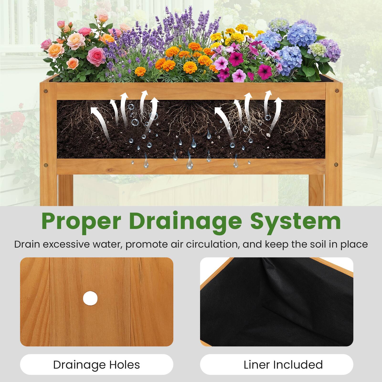 Proper Drainage System  
Drain excessive water, promote air circulation, and keep the soil in place  
Drainage Holes  
Liner Included