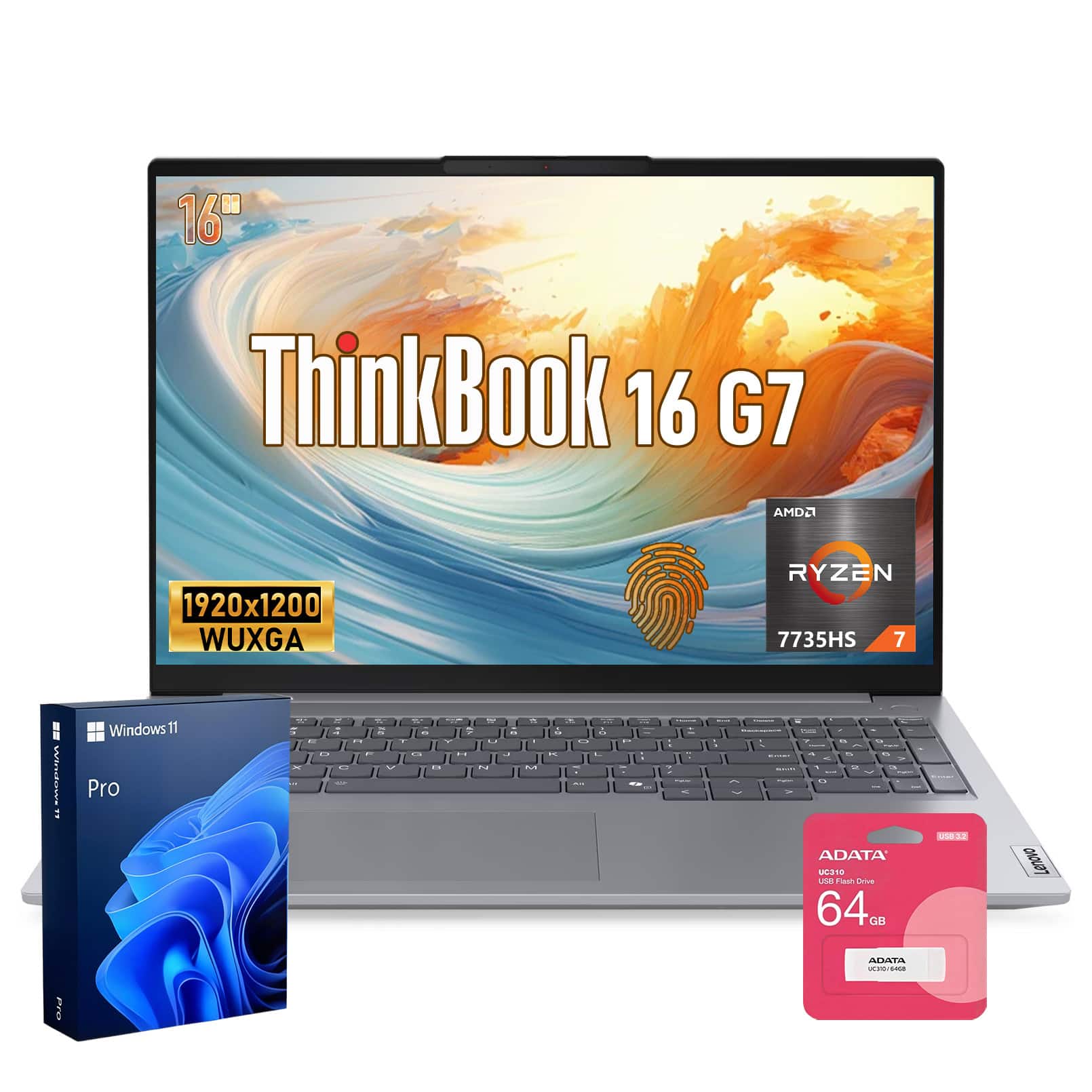 Lenovo - Upgraded - ThinkBook 16 16" FHD+ Laptop - AMD Ryzen 7 7735HS - 64GB DDR5 RAM 2TB SSD - FP Reader - 64GB USB Flash Drive - Arctic Grey