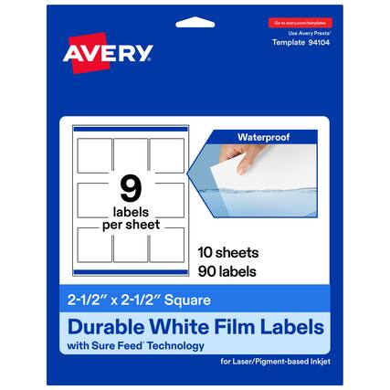 Go to avery.com/templates
Use Avery Presta™ Template 94104
Waterproof
9 labels per sheet
10 sheets
90 labels
2-1/2" x 2-1/2" Square
Durable White Film Labels with Sure Feed™ Technology for Laser/Pigment-based Inkjet