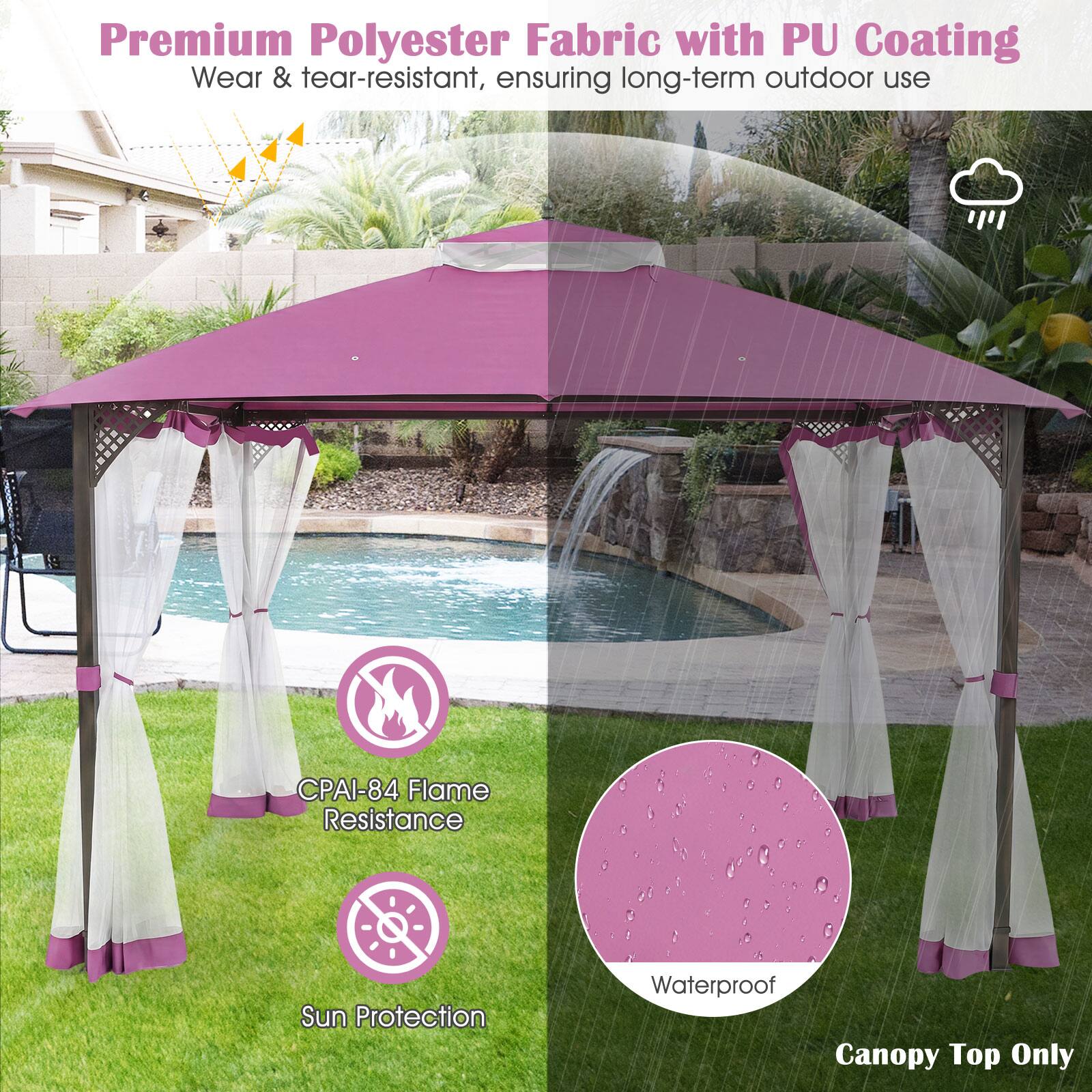 Premium Polyester Fabric with PU Coating  
Wear & tear-resistant, ensuring long-term outdoor use  
CPAI-84 Flame Resistance  
Sun Protection  
Waterproof  
Canopy Top Only