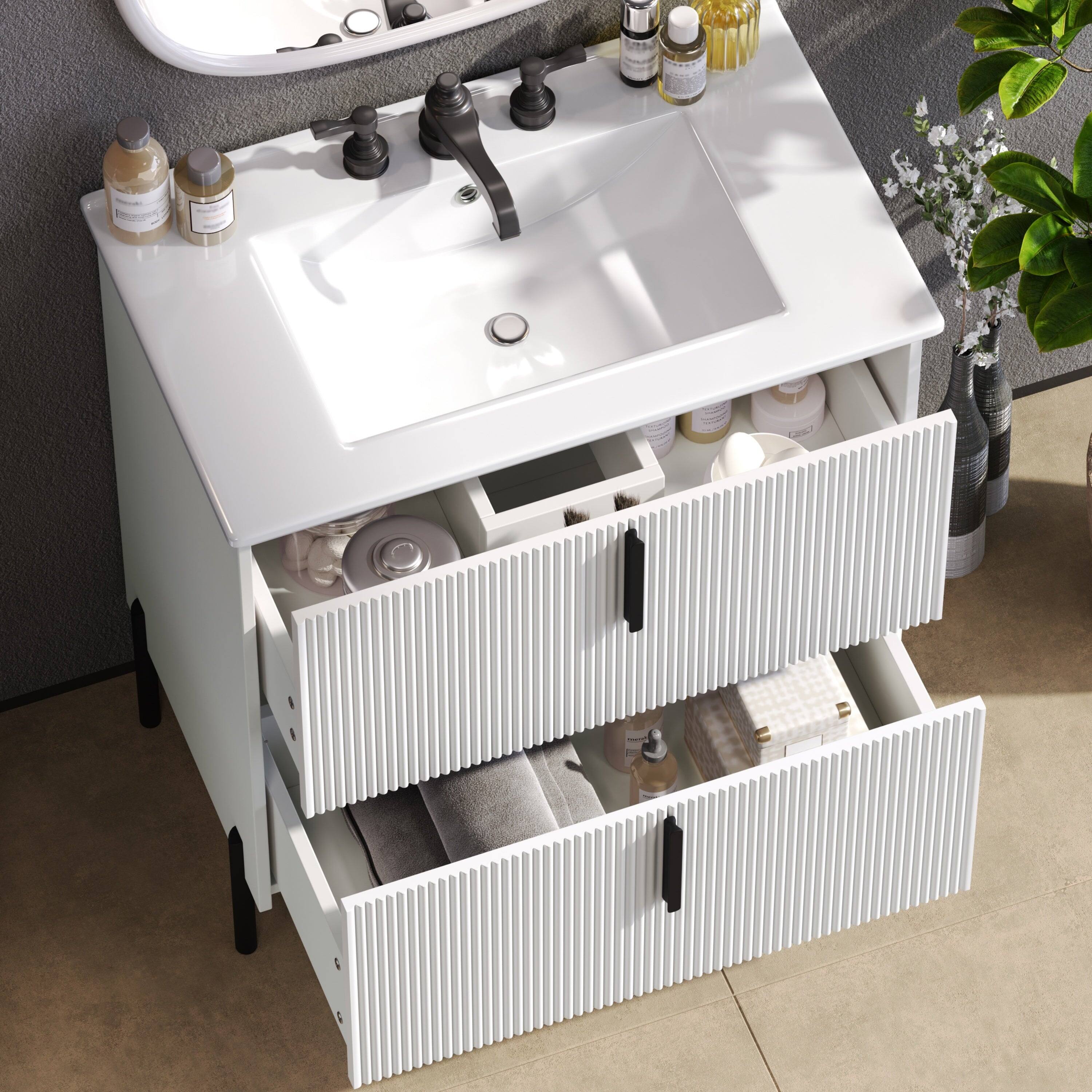 Alt View 4. Boyel Living - 30 Inch Bathroom Vanity with Ceramic Sink Full Extension Drawers Soft Close Fluted Design White - White.