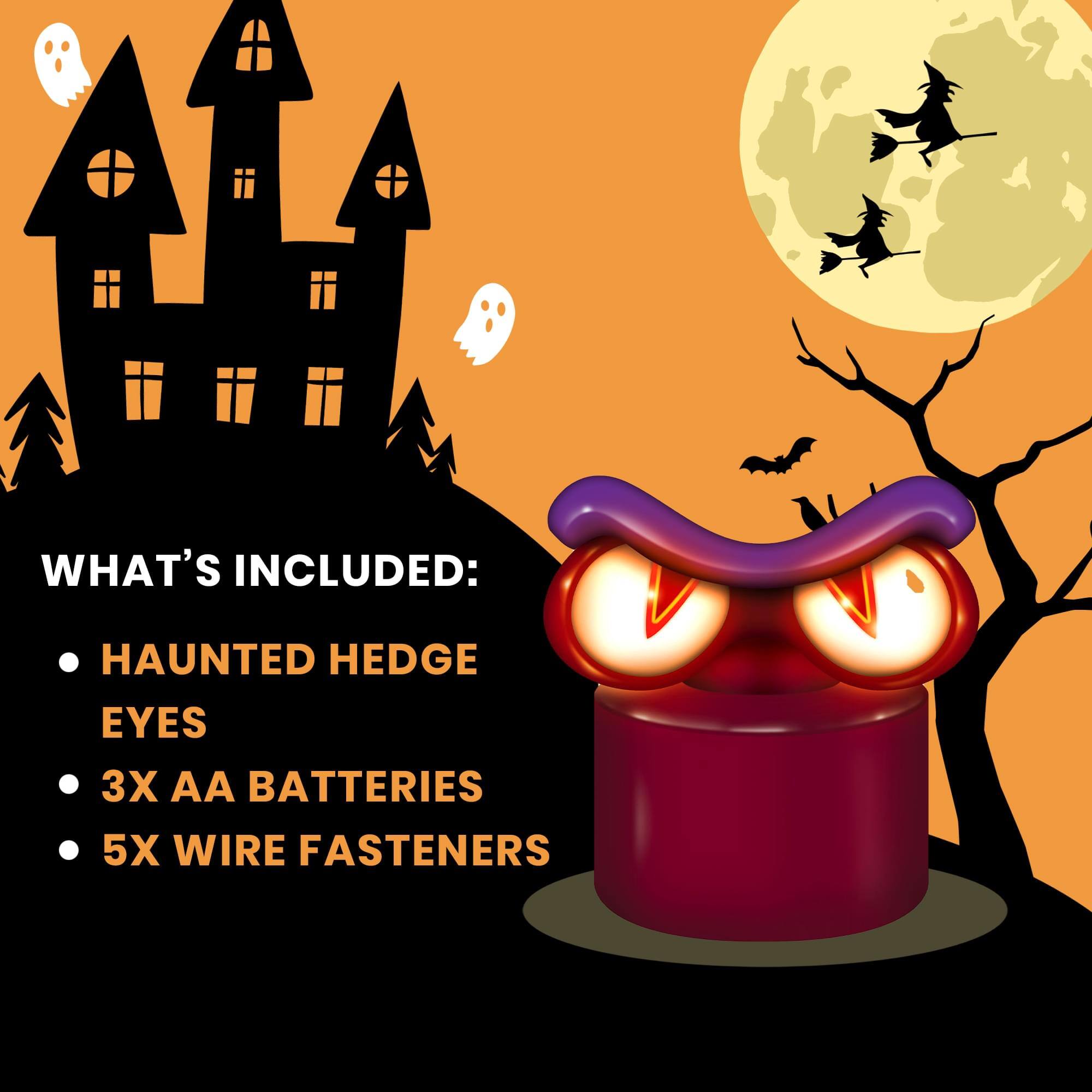 WHAT'S INCLUDED:  
- HAUNTED HEDGE EYES  
- 3X AA BATTERIES  
- 5X WIRE FASTENERS