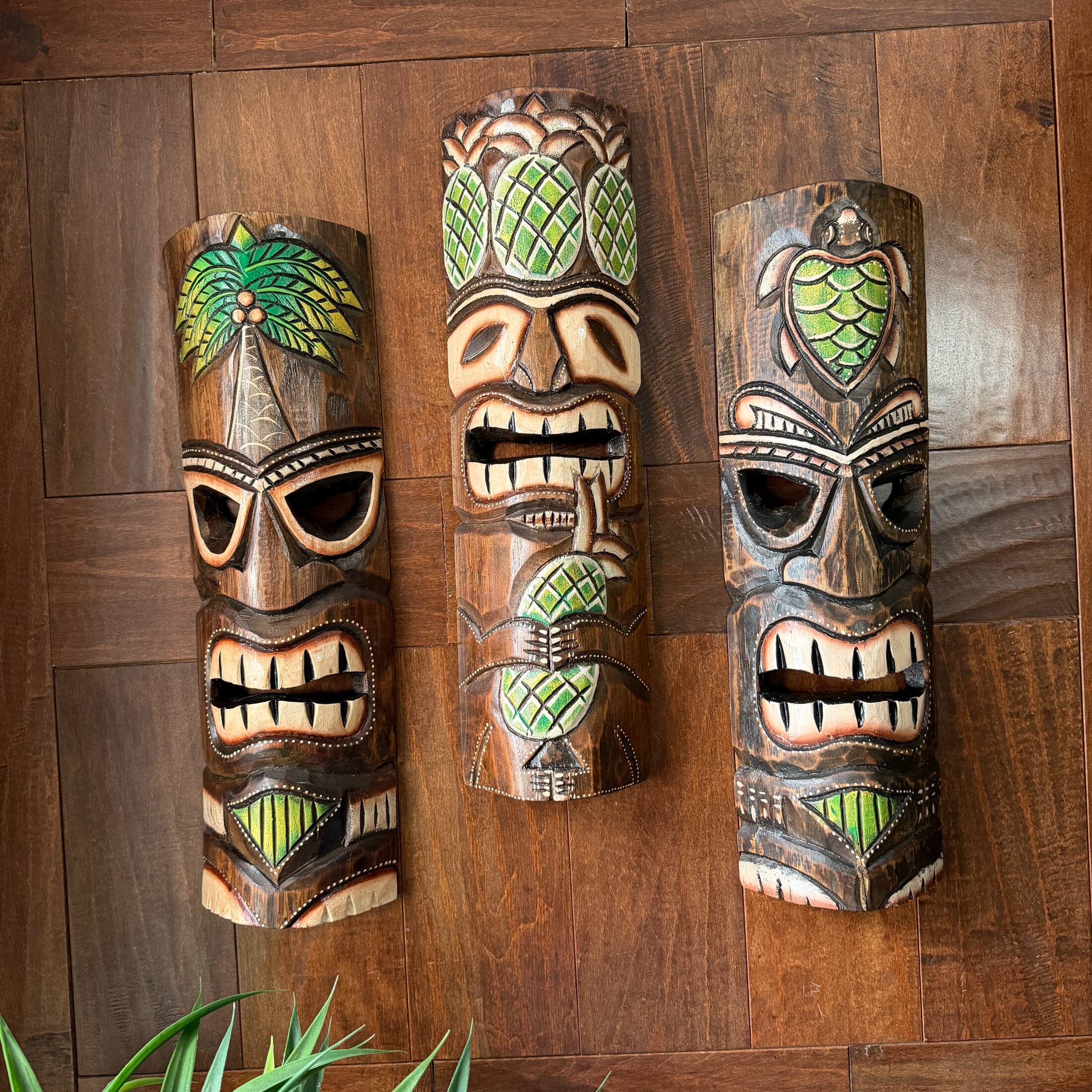 Alt View 3. Zeckos - Hand Carved Wood Tiki Mask Set of 3 Palm Tree Pineapple Turtle 19in Wall Decor - Green.
