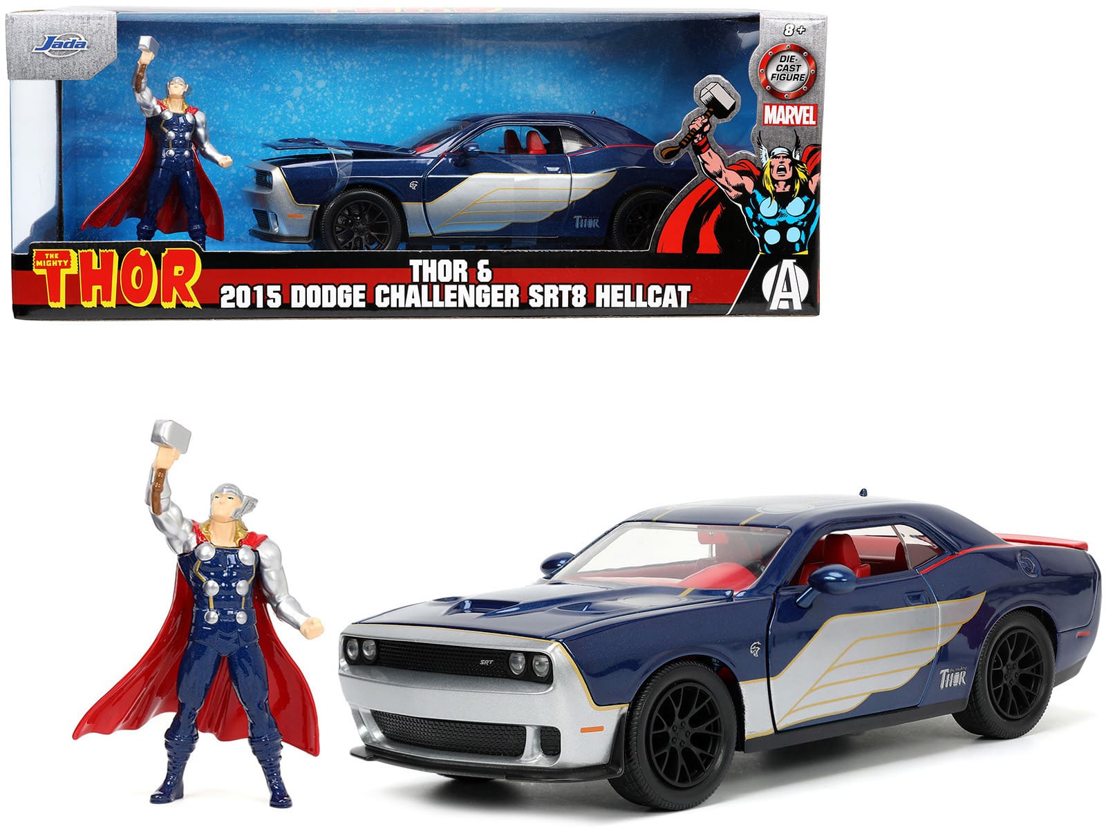 Jada - 2015 Dodge Challenger SRT Hellcat Dark Blue with Graphics Red Interior and Thor Figure The Mighty Thor Marvel 1/24 - Dark Blue,Red