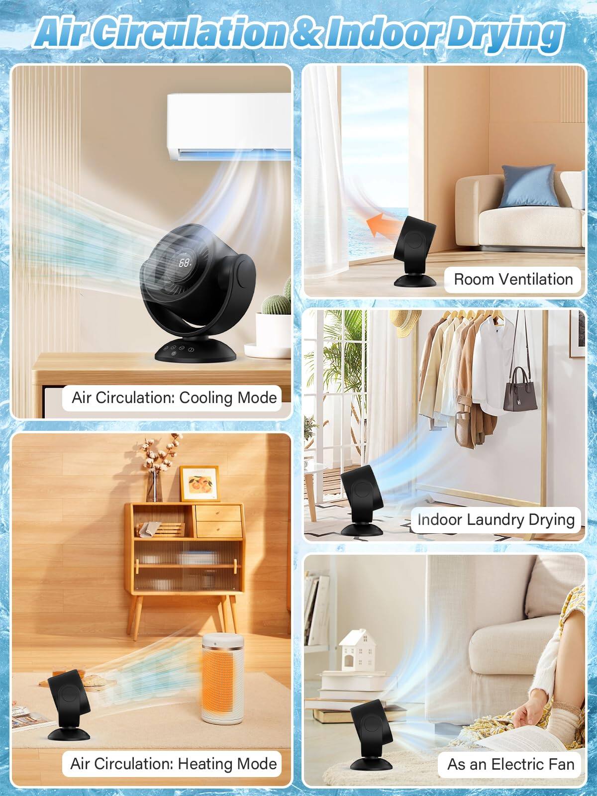 Air Circulation & Indoor Drying

- Air Circulation: Cooling Mode
- Room Ventilation
- Indoor Laundry Drying
- Air Circulation: Heating Mode
- As an Electric Fan