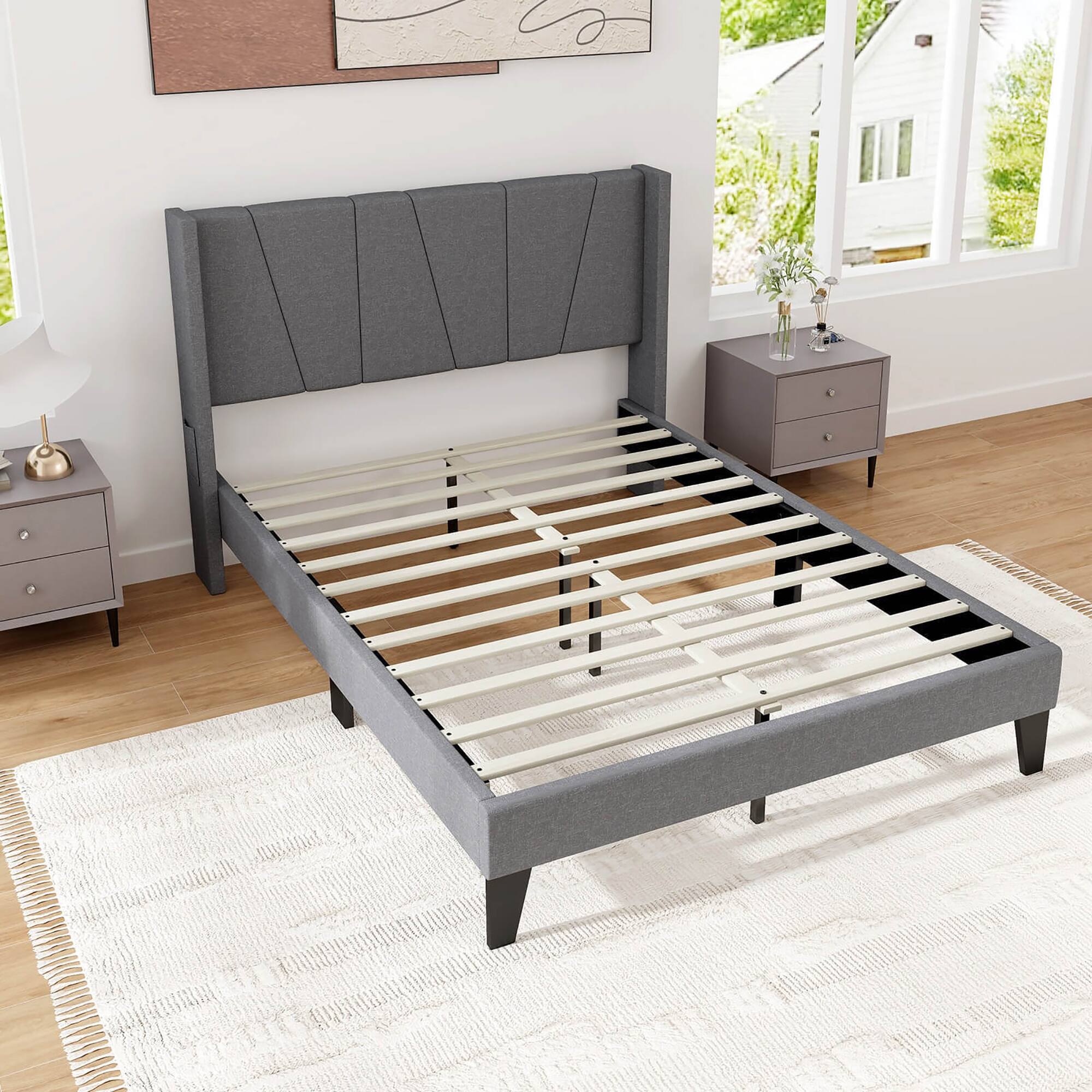 Alt View 4. Gymax - Gymax Full Size Upholstered Bed Frame w/ Elastic Pockets Mattress Foundation Gray - Gray.