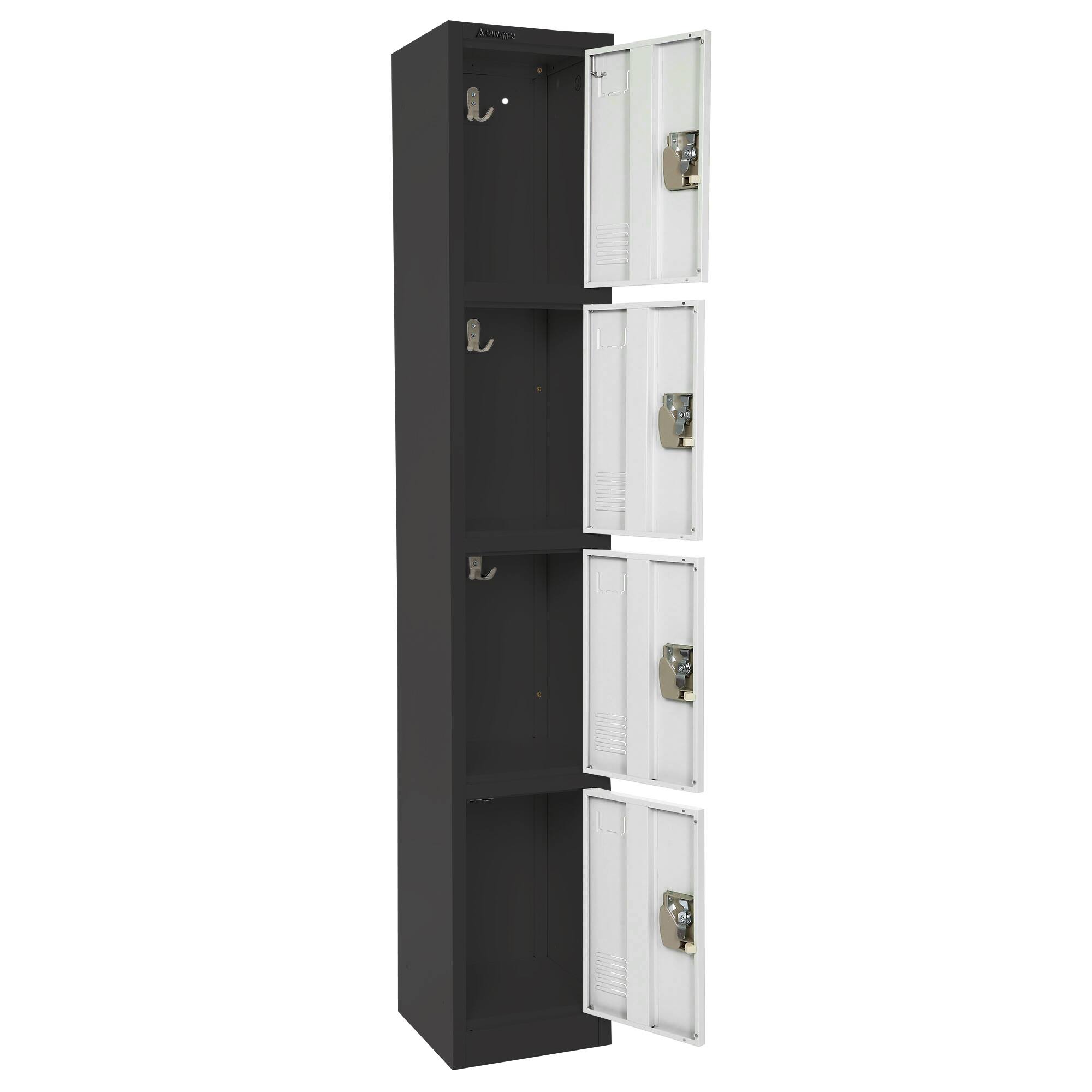 Left. AdirOffice - Storage Locker 629-Series 72" H 4-Tier Steel Key Lock 4-Shelf Locker with Key Lock, 4/Pack - Black Bidy/White Doors.