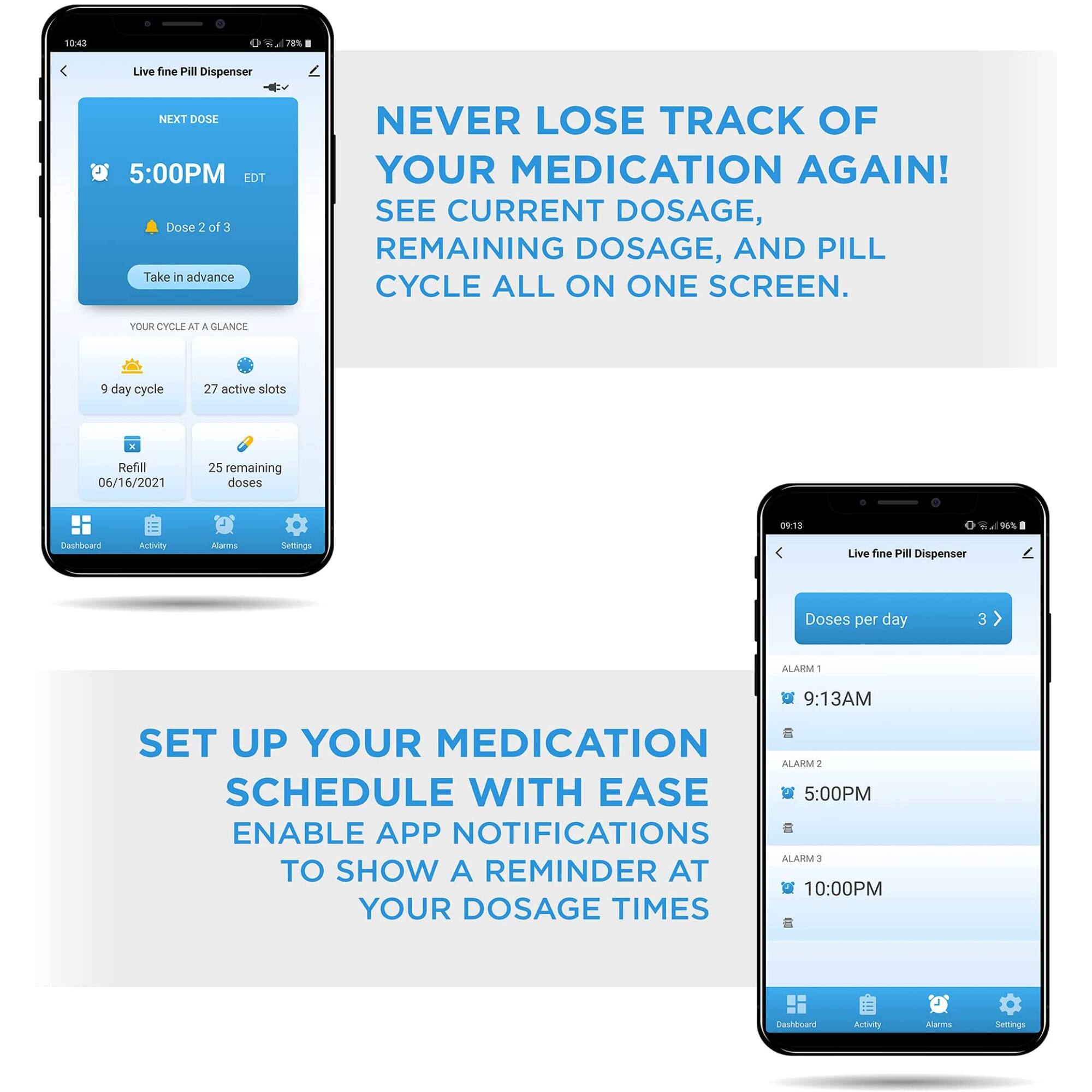 10:43 78% Live fine Pill Dispenser NEXT DOSE 5:00PM EDT Dose 2 of J Take in advance NEVER LOSE TRACK OF YOUR MEDICATION AGAIN! SEE CURRENT DOSAGE, REMAINING DOSAGE, AND PILL CYCLE ALL ON ONE SCREEN. YOUR CYCLE AT a GLANCE 9 day cycle 27 active slots - Refill 06/16/2021 25 remaining doses 09:13 ads Dashboard Activity Alaro dettings Live fine Pa Dispenser Doses per day 3 ALARM - 9:13AM SET UP YOUR MEDICATION SCHEDULE WITH EASE ALARM 2 5:00PM ENABLE APP NOTIFICATIONS ALARM 3 TO SHOW A REMINDER AT 10:00PM YOUR DOSAGE TIMES bashboard Activty Alarns Settege