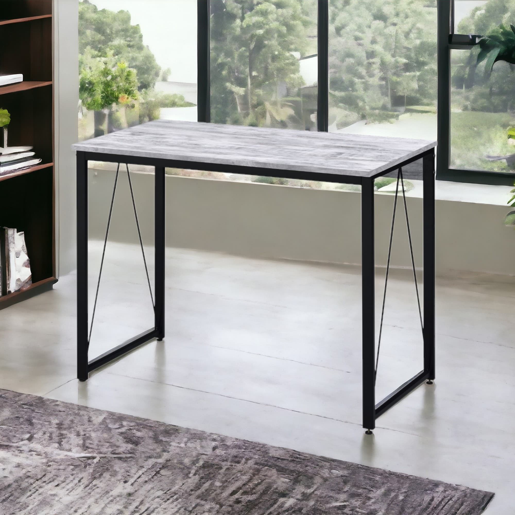 GOODSILO - Antique White and Black Finish Minimalist Writing Desk with V-Shaped Metal Base for Home Office Workspace - White+Black